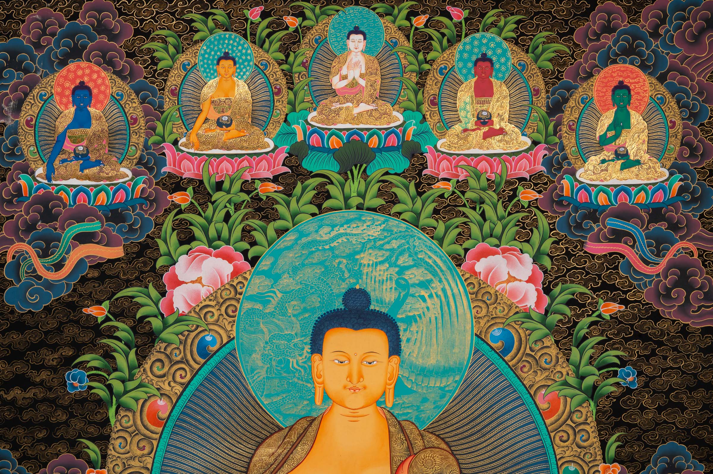 Shakyamuni Buddha Thangka depicting the historical Buddha seated in meditation on a lotus throne, holding an alms bowl, surrounded by attendant figures and celestial Buddhas in traditional hand-painted Tibetan Buddhist art.