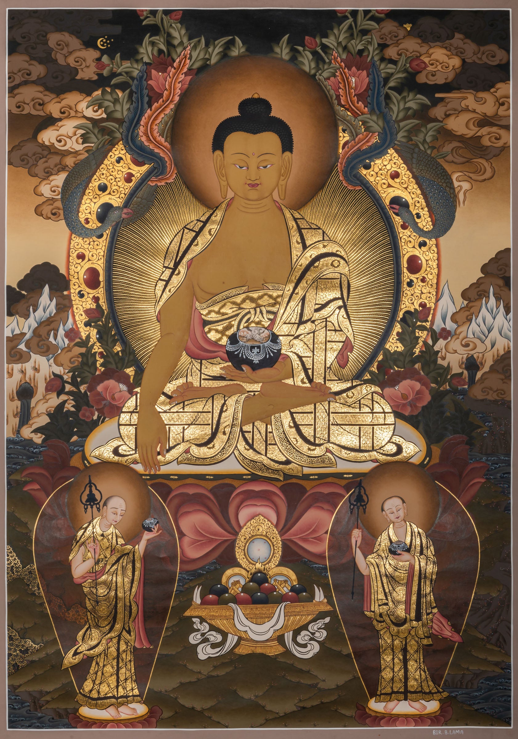 Shakyamuni Buddha Thangka painting depicting the historical Buddha seated in meditation with attendants, symbolizing enlightenment, wisdom, and the foundation of Buddhist teachings.