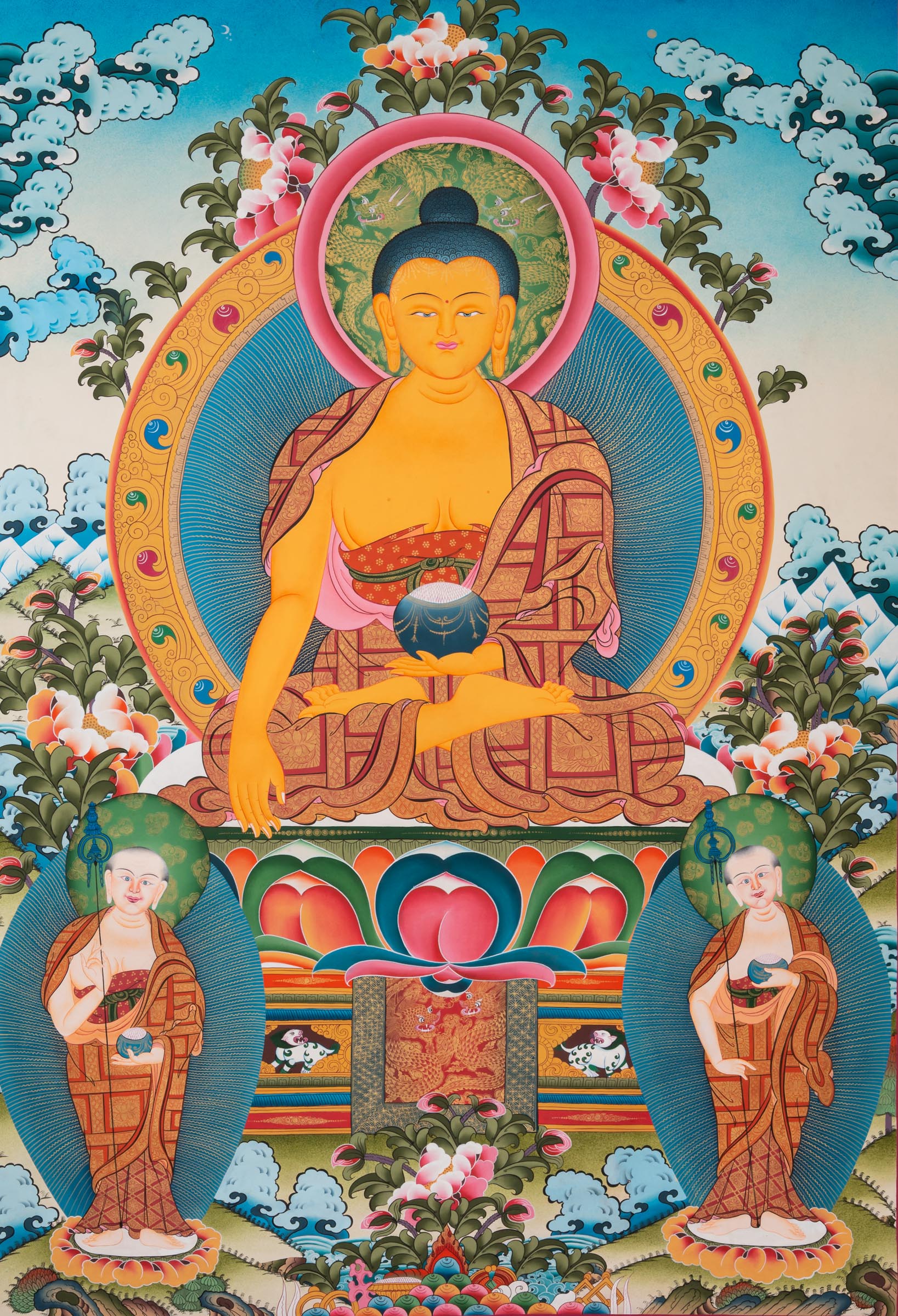 Shakyamuni Buddha Thangka depicting the historical Buddha seated on a lotus throne holding an alms bowl, flanked by attendant monks, symbolizing enlightenment and compassion in Tibetan Buddhist art.