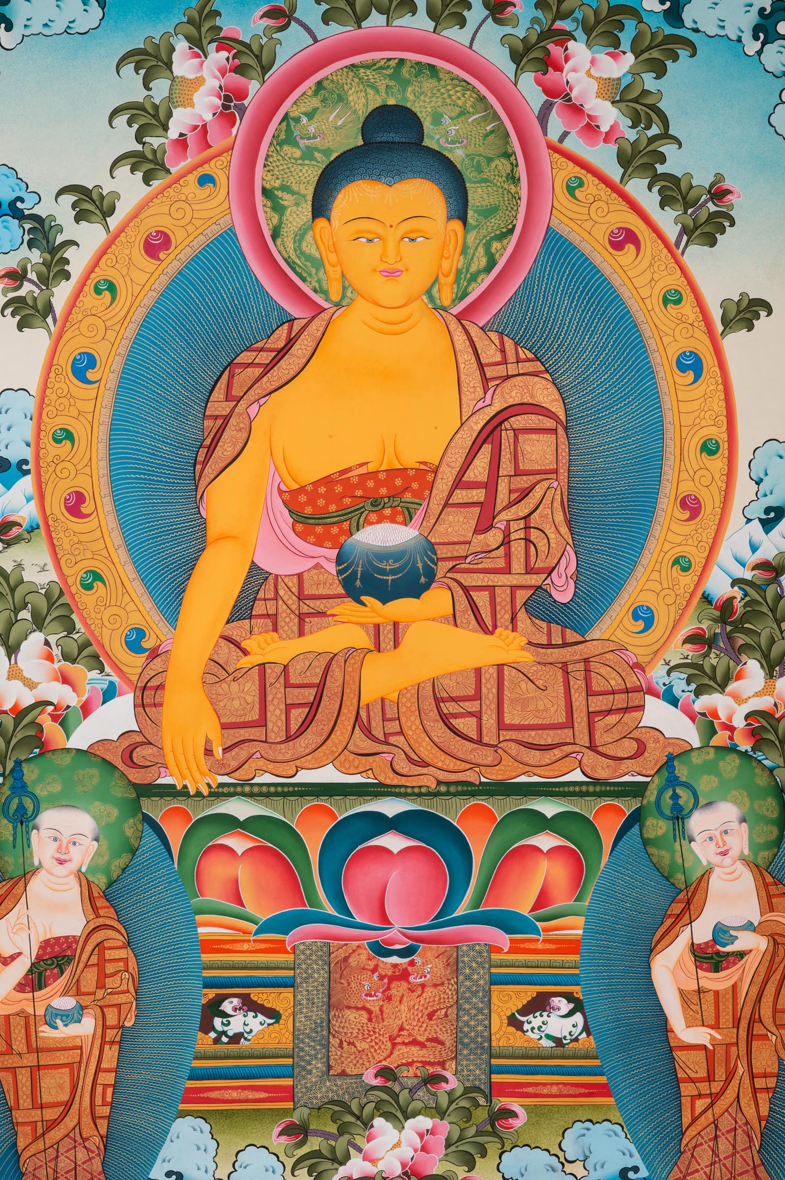 Shakyamuni Buddha Thangka depicting the historical Buddha seated on a lotus throne holding an alms bowl, flanked by attendant monks, symbolizing enlightenment and compassion in Tibetan Buddhist art.