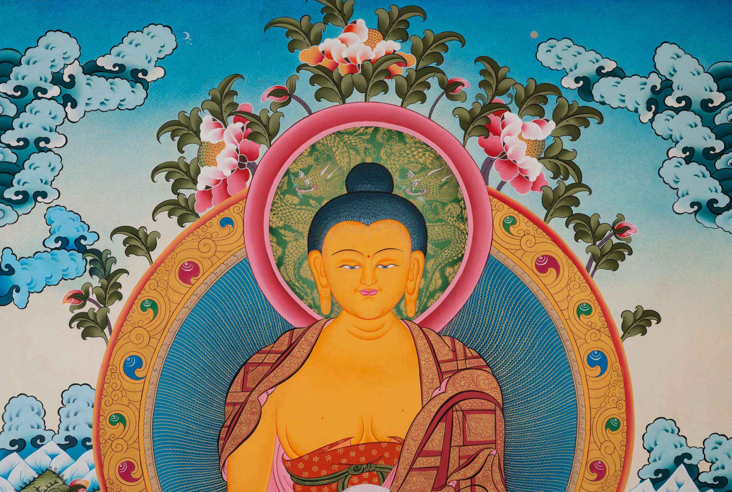 Shakyamuni Buddha Thangka depicting the historical Buddha seated on a lotus throne holding an alms bowl, flanked by attendant monks, symbolizing enlightenment and compassion in Tibetan Buddhist art.