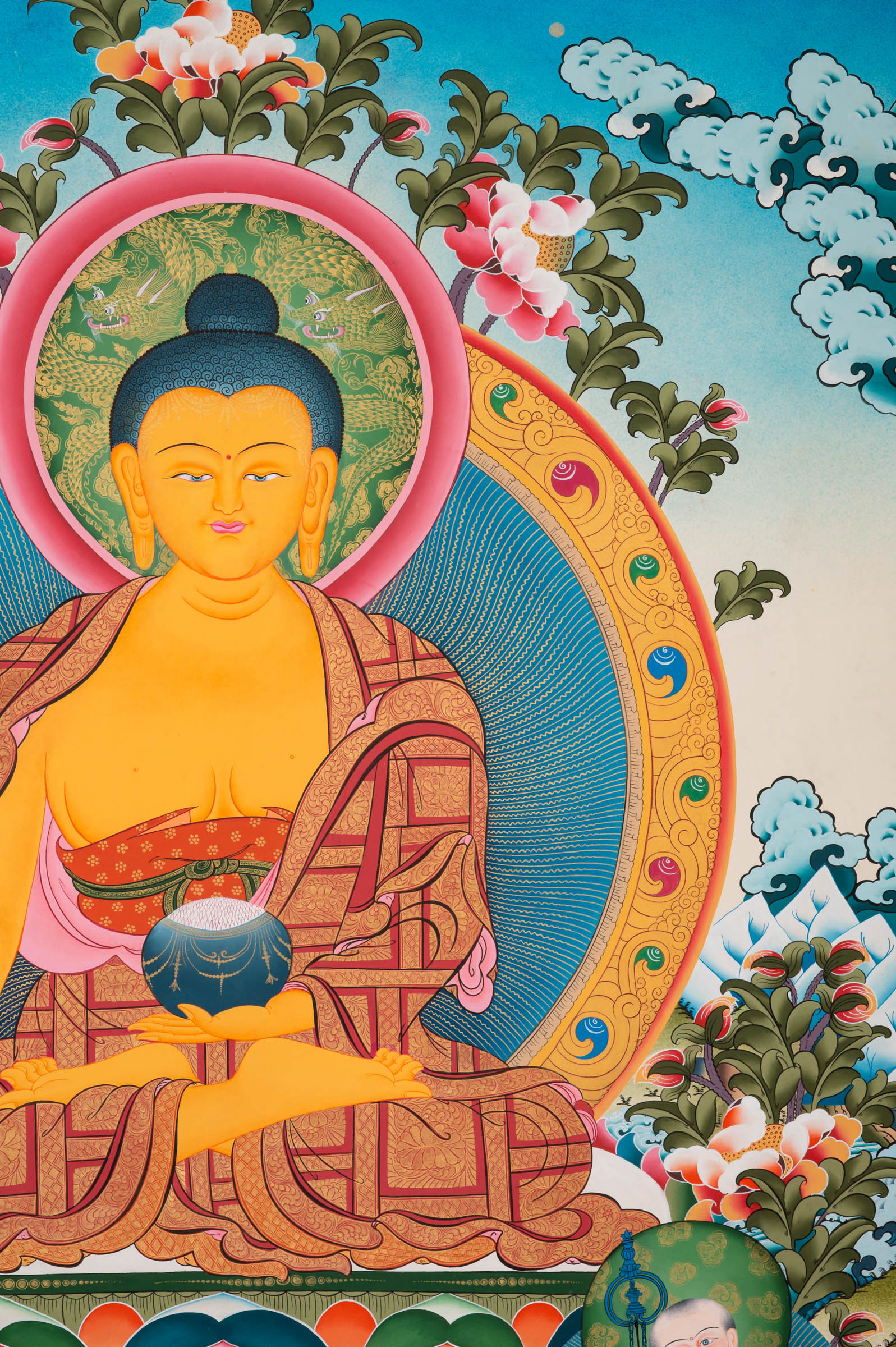 Shakyamuni Buddha Thangka depicting the historical Buddha seated on a lotus throne holding an alms bowl, flanked by attendant monks, symbolizing enlightenment and compassion in Tibetan Buddhist art.