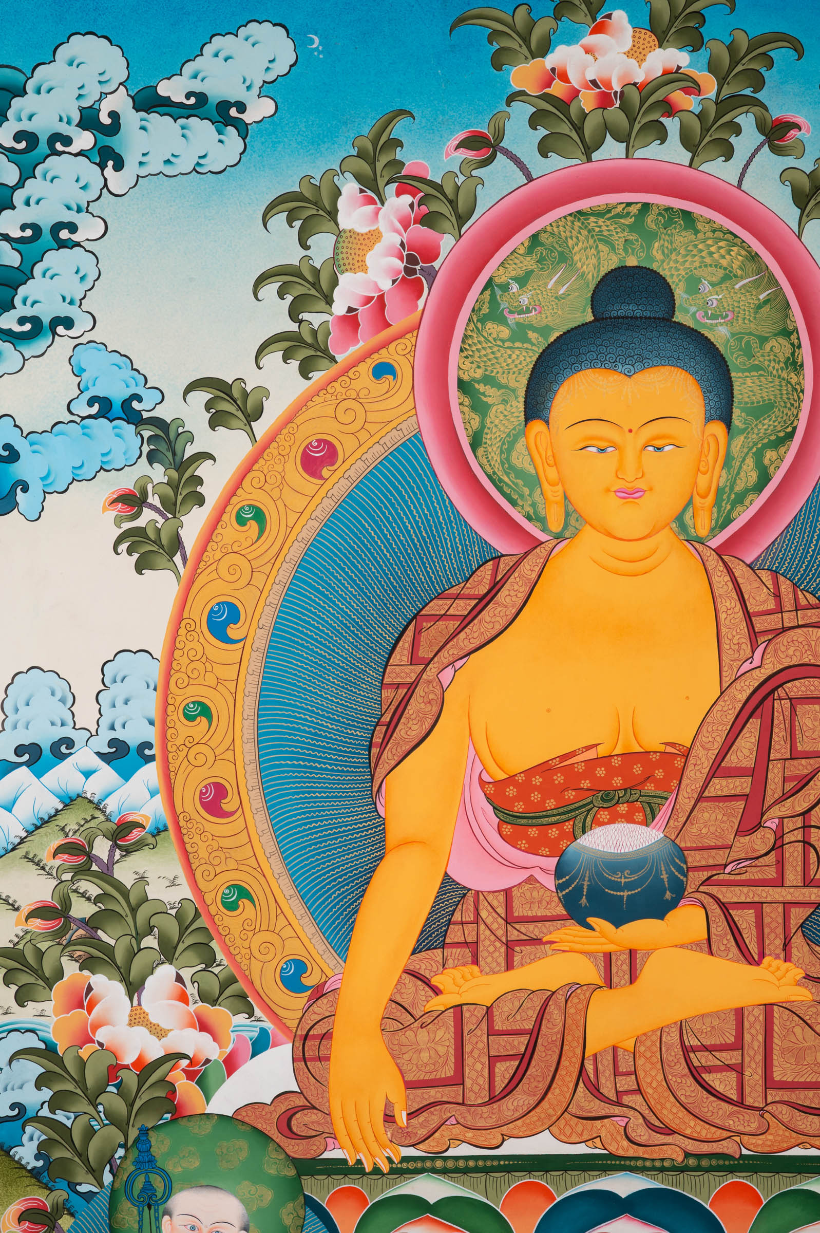 Shakyamuni Buddha Thangka depicting the historical Buddha seated on a lotus throne holding an alms bowl, flanked by attendant monks, symbolizing enlightenment and compassion in Tibetan Buddhist art.