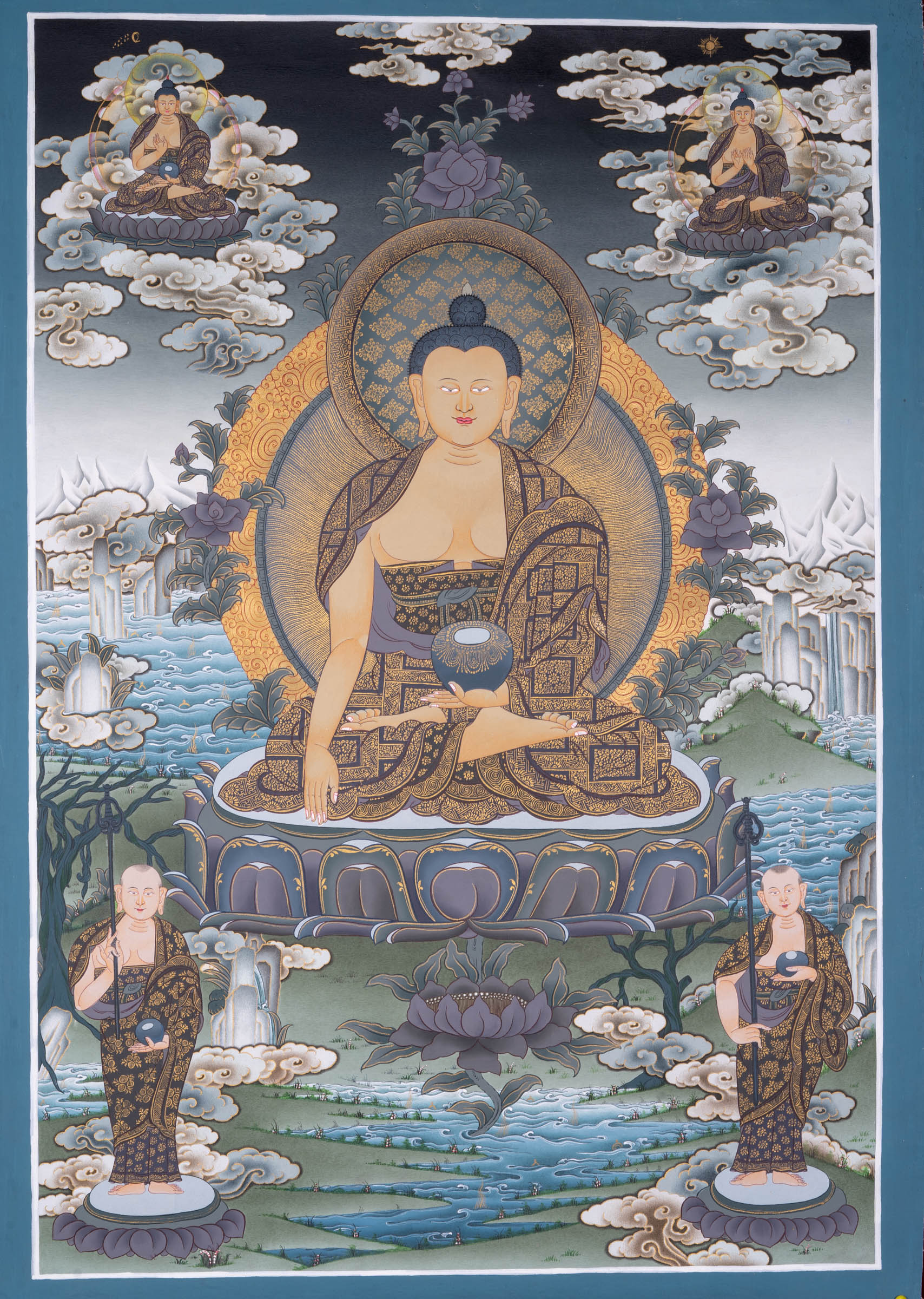 This genuine Tibetan Thangka of Shakyamuni Buddha is hand-painted with natural pigments, capturing his enlightened presence in serene detail. A perfect addition to any meditation or sacred space, it reflects the essence of Buddhist wisdom and compassion.