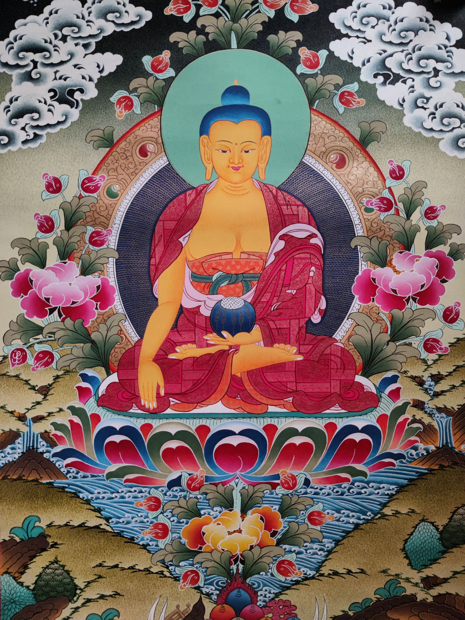 The exquisitely handcrafted Tibetan Thangka Painting displays the beauty of Tibetan artistry and dedication.