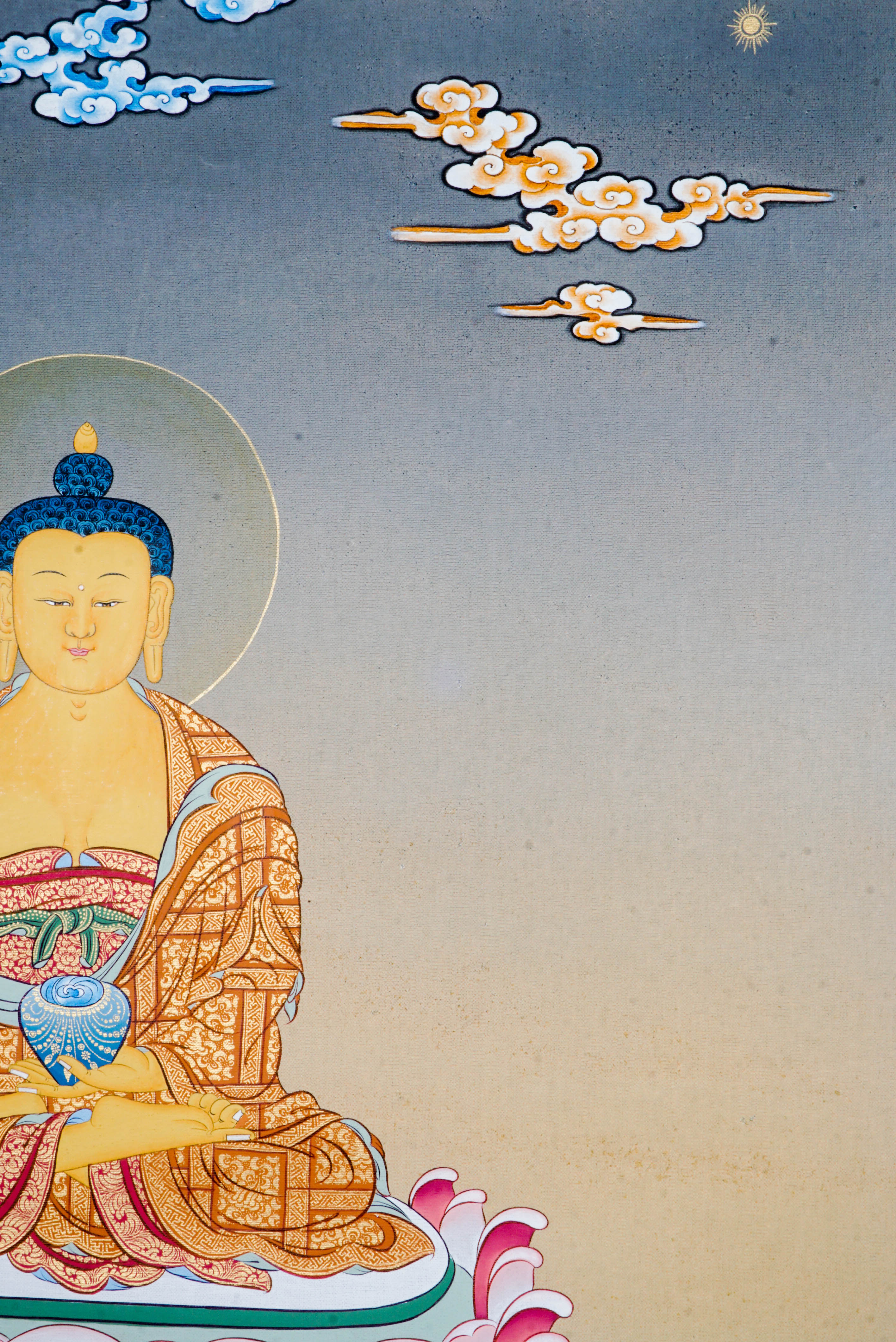 The Shakyamuni Buddha Thangka Painting represents enlightenment and inner peace in Tibetan Buddhism, with Buddha depicted in serene meditation to inspire wisdom and compassion. Hand-painted with traditional techniques and natural pigments, this genuine Thangka blends spiritual meaning and artistic beauty for any sacred space.