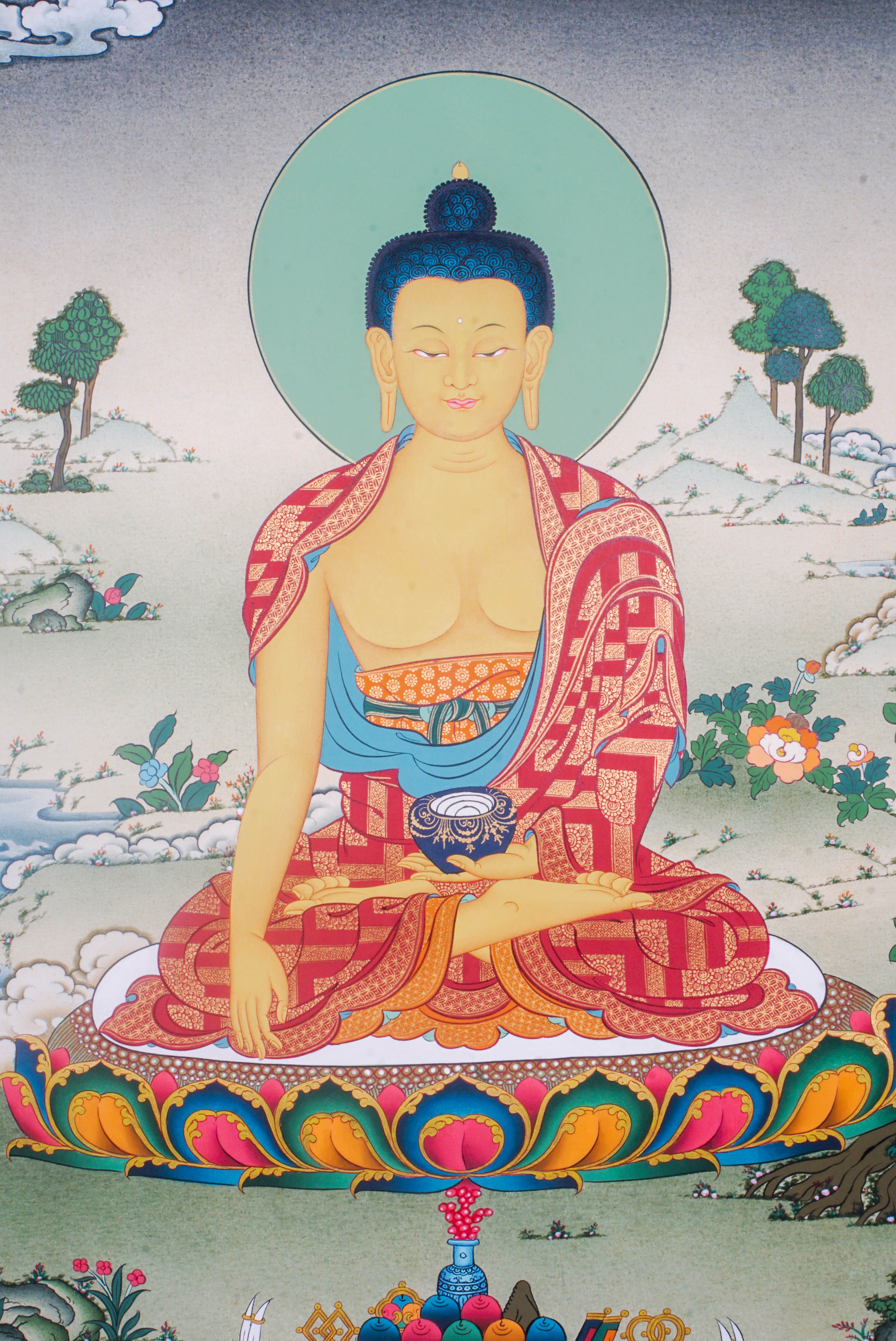 The Shakyamuni Buddha Thangka Painting depicts the Buddha of enlightenment in serene meditation, radiating peace, compassion, and spiritual wisdom. Hand-painted by skilled Tibetan artists with natural pigments, this exquisite artwork enhances any space with its vibrant detail and deep spiritual significance.