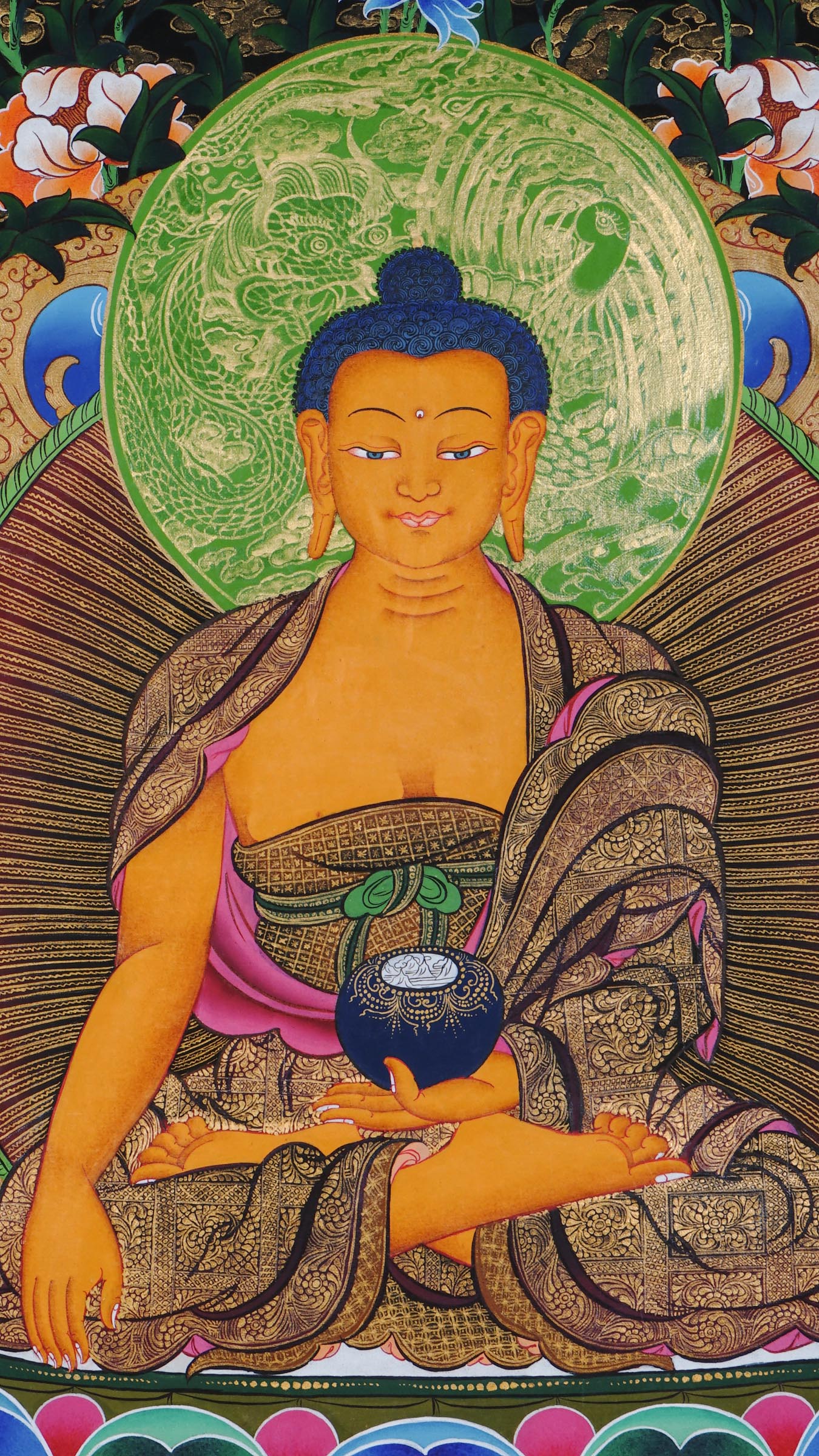 Shakyamuni Buddha Thangka hand-painted in Nepal with 24k gold, seated on a lotus throne with floral background.
