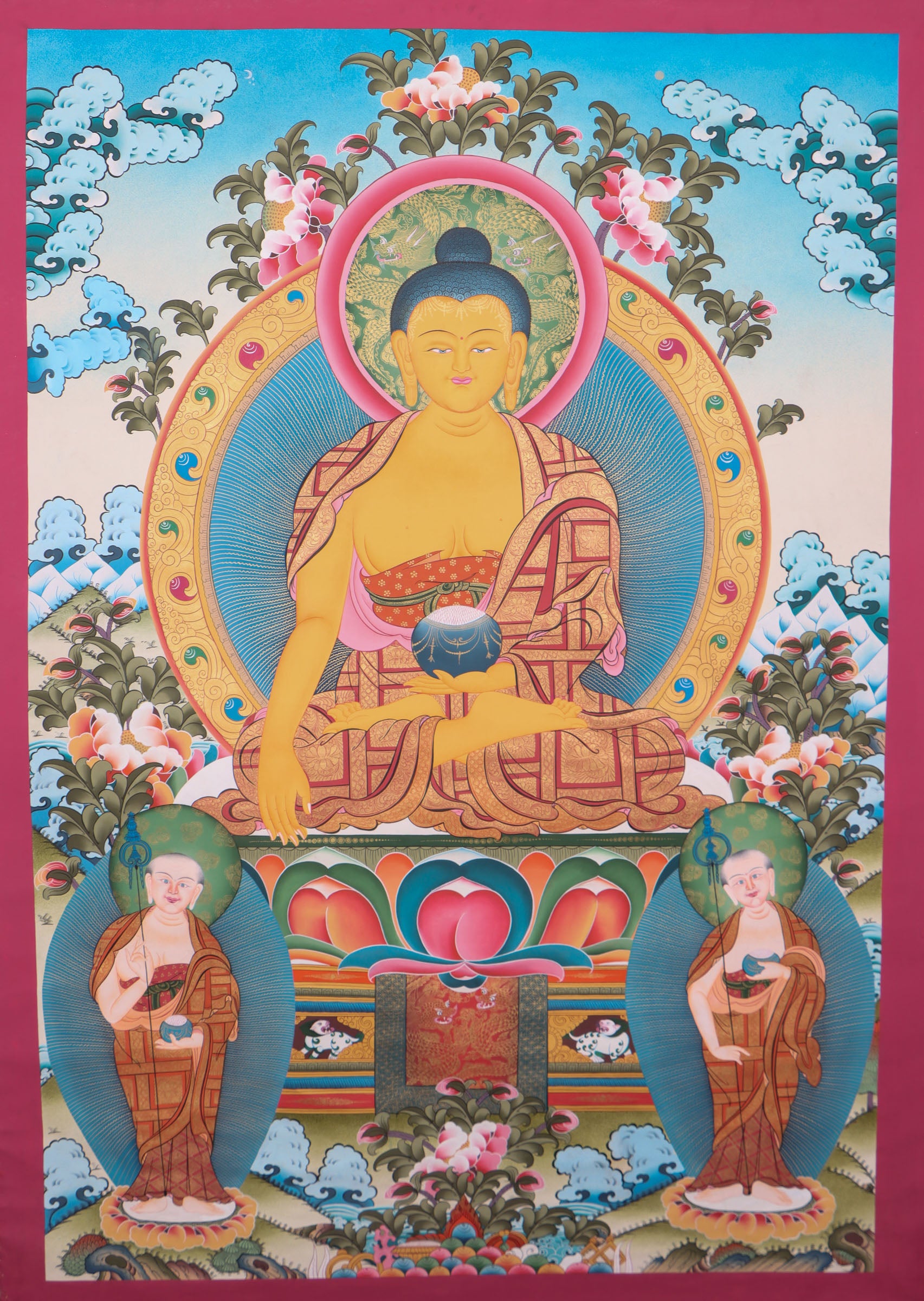 This genuine Tibetan thangka of Shakyamuni Buddha is hand-painted on cotton canvas using natural mineral pigments, capturing his serene meditative presence. A sacred Buddhist artwork, it embodies the teachings of enlightenment and brings spiritual calm to any space.