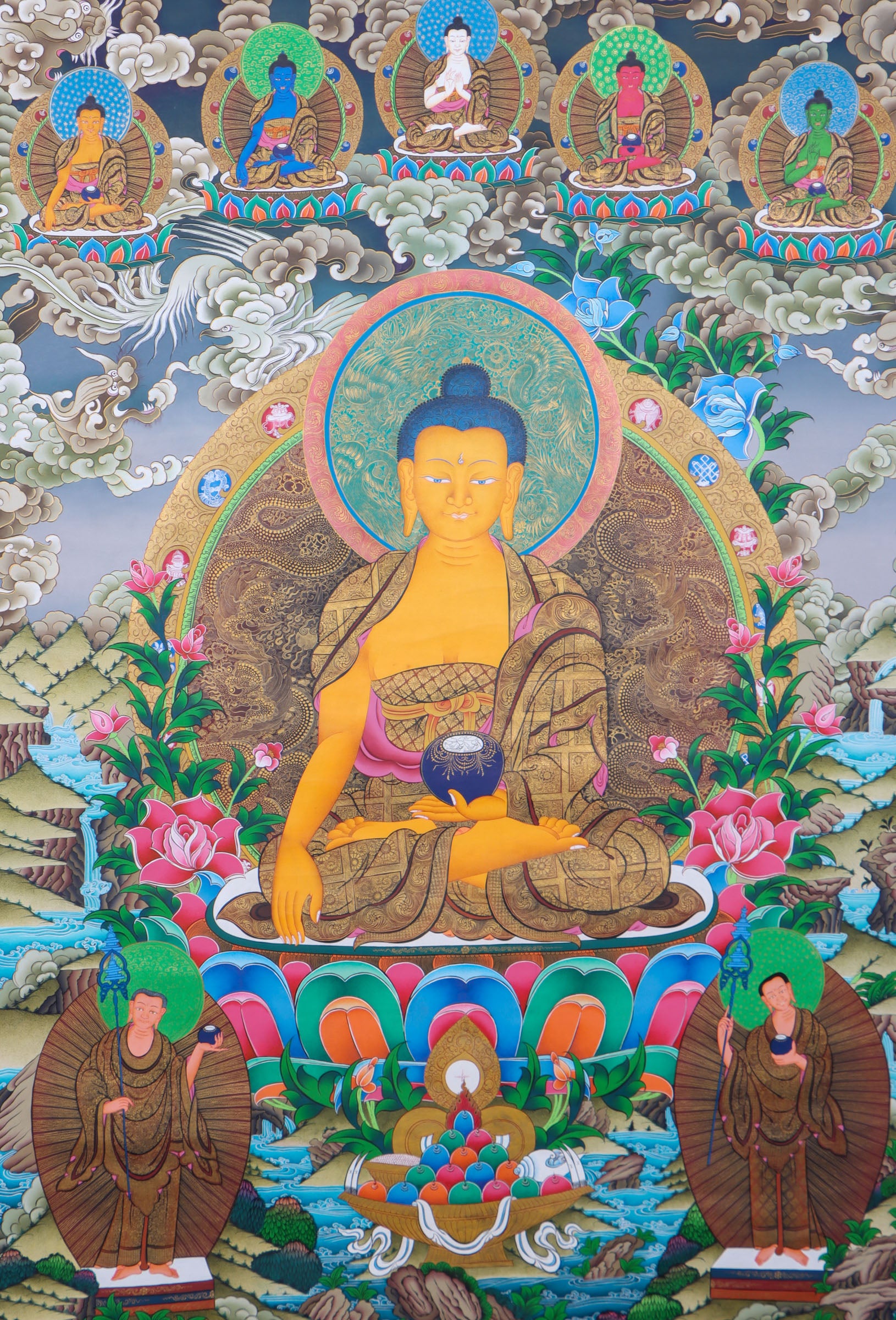 This exquisite Shakyamuni Buddha Thangka, hand-painted on cotton canvas using natural mineral pigments, radiates the peaceful essence of the Enlightened One and reflects the deep spiritual artistry of Tibetan culture.