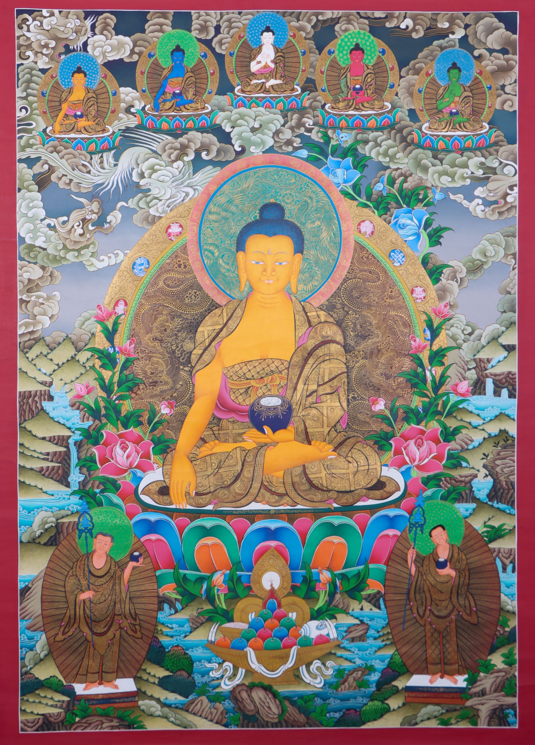 This exquisite Shakyamuni Buddha Thangka, hand-painted on cotton canvas using natural mineral pigments, radiates the peaceful essence of the Enlightened One and reflects the deep spiritual artistry of Tibetan culture.