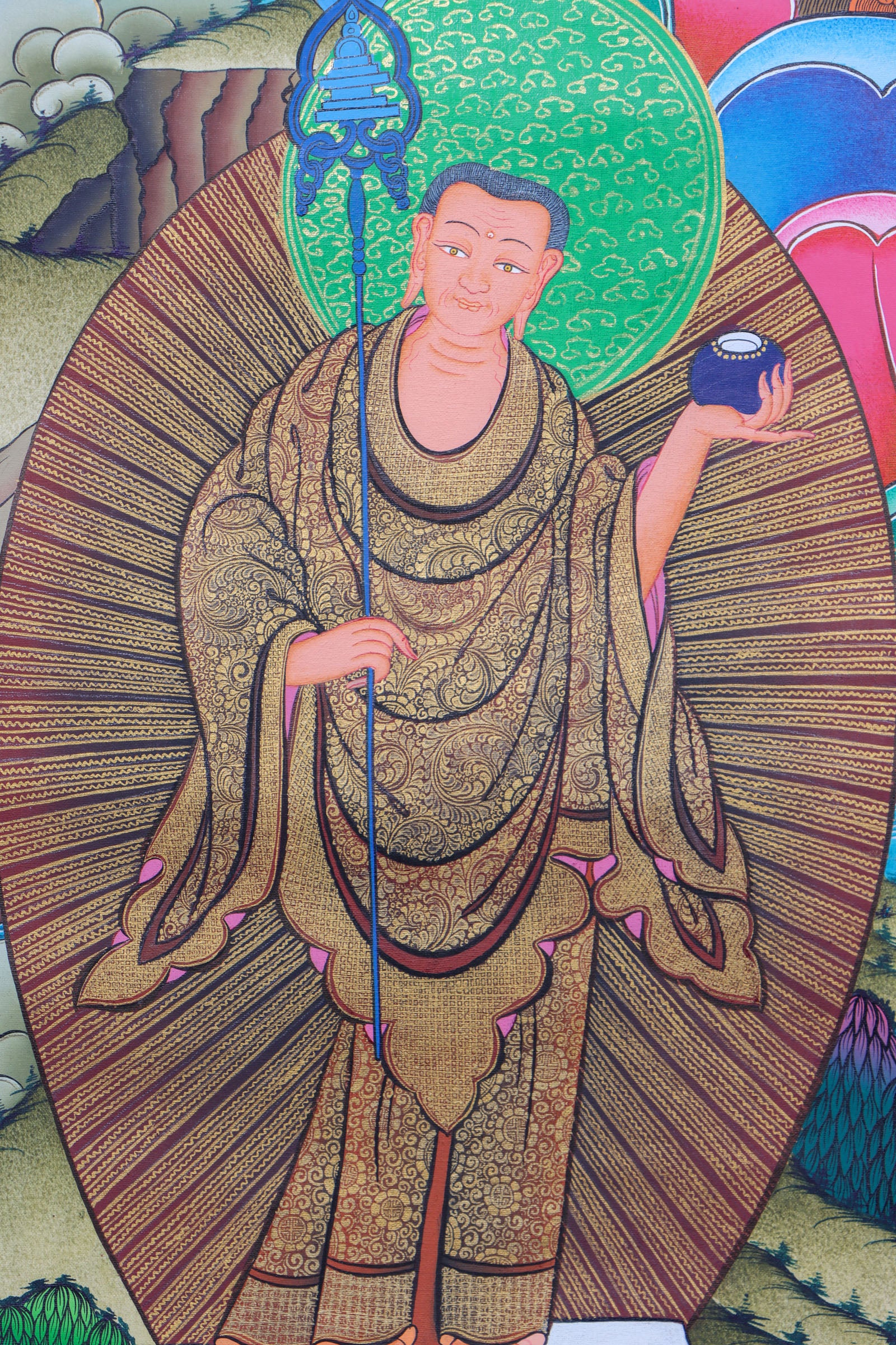 This exquisite Shakyamuni Buddha Thangka, hand-painted on cotton canvas using natural mineral pigments, radiates the peaceful essence of the Enlightened One and reflects the deep spiritual artistry of Tibetan culture.