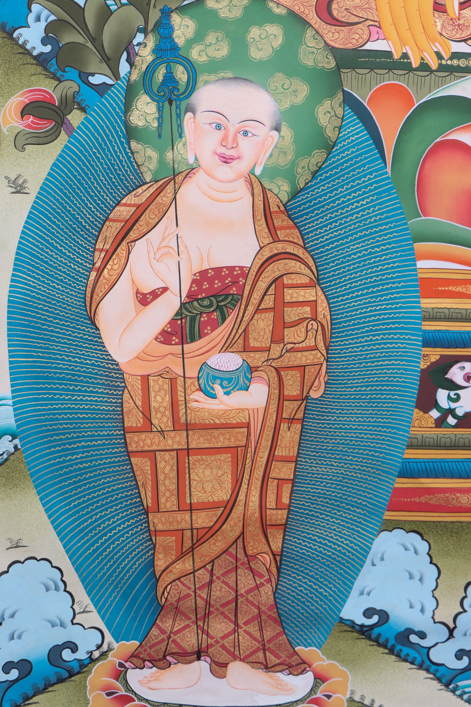 This genuine Tibetan thangka of Shakyamuni Buddha is hand-painted on cotton canvas using natural mineral pigments, capturing his serene meditative presence. A sacred Buddhist artwork, it embodies the teachings of enlightenment and brings spiritual calm to any space.