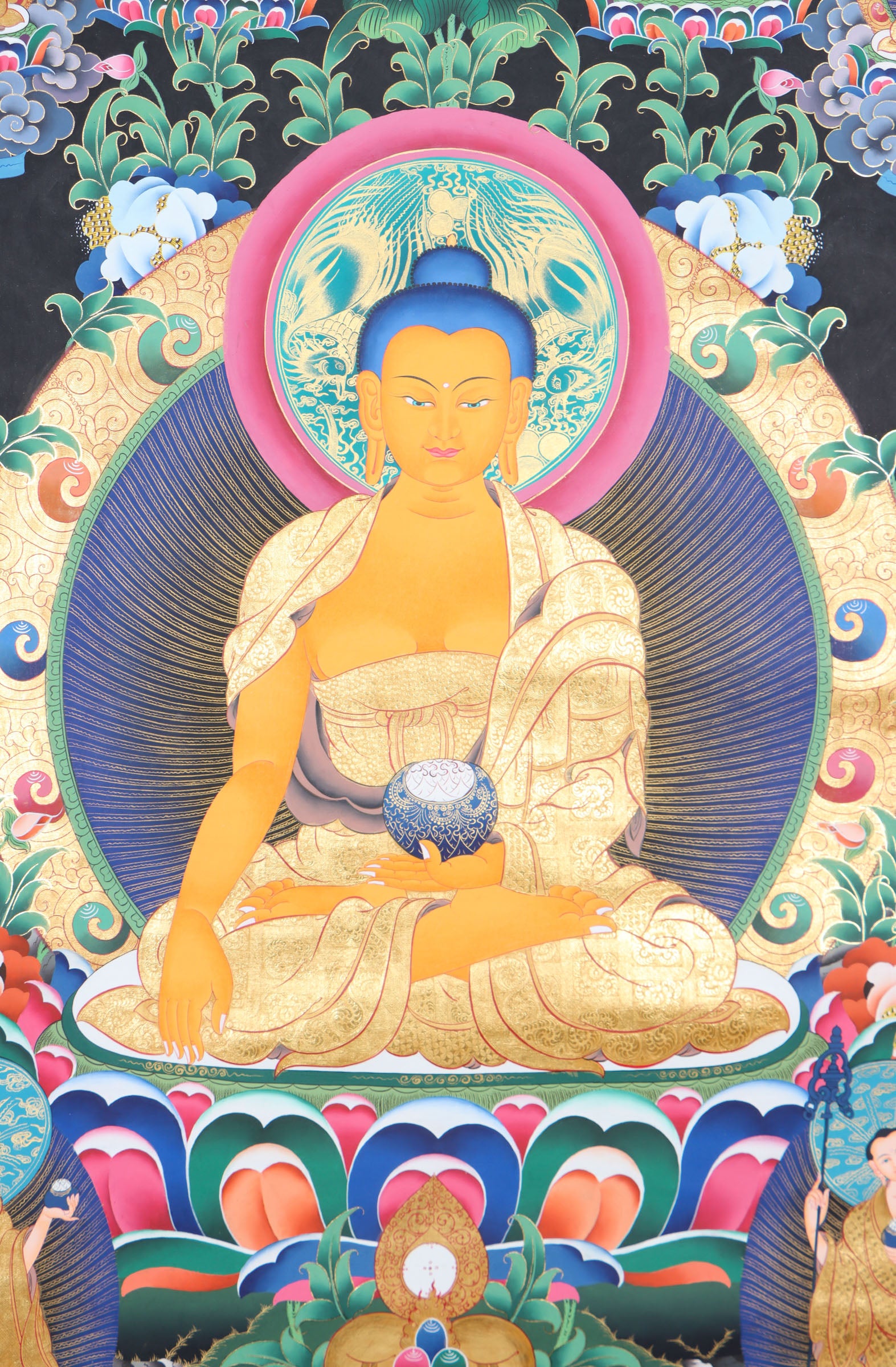 This genuine Tibetan thangka of Shakyamuni Buddha, hand-painted on durable cotton canvas with natural mineral pigments, beautifully captures his serene enlightened presence and profound teachings. Perfect for meditation spaces or sacred areas, this authentic Buddhist artwork radiates spiritual calm and showcases exceptional Tibetan craftsmanship.