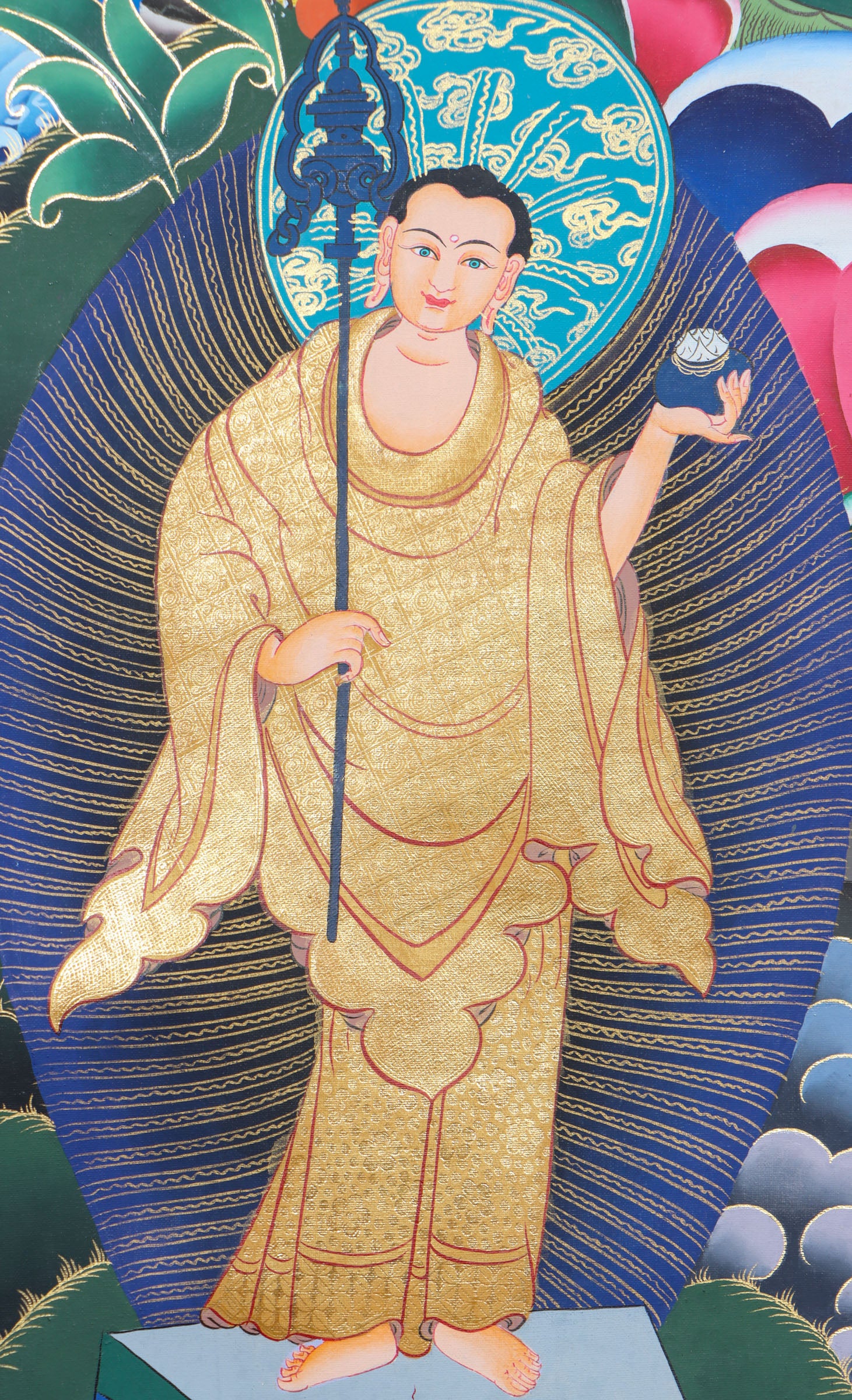 This genuine Tibetan thangka of Shakyamuni Buddha, hand-painted on durable cotton canvas with natural mineral pigments, beautifully captures his serene enlightened presence and profound teachings. Perfect for meditation spaces or sacred areas, this authentic Buddhist artwork radiates spiritual calm and showcases exceptional Tibetan craftsmanship.