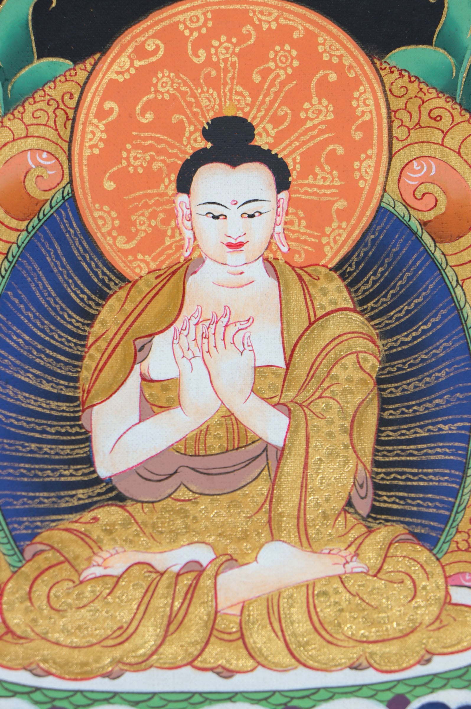 This genuine Tibetan thangka of Shakyamuni Buddha, hand-painted on durable cotton canvas with natural mineral pigments, beautifully captures his serene enlightened presence and profound teachings. Perfect for meditation spaces or sacred areas, this authentic Buddhist artwork radiates spiritual calm and showcases exceptional Tibetan craftsmanship.