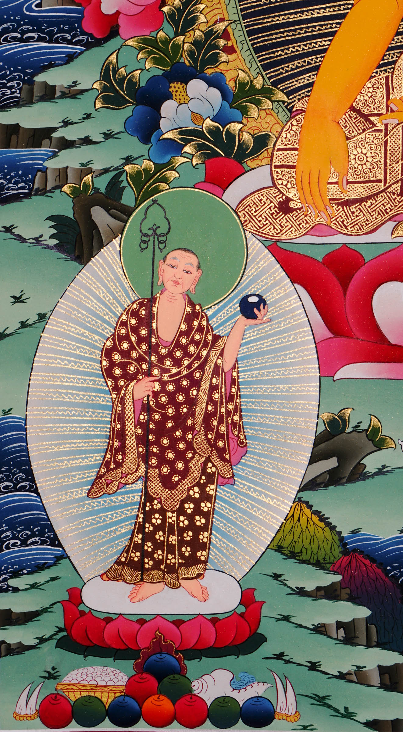 Hand-painted Shakyamuni Buddha thangka from Kathmandu, Nepal, seated on a lotus throne in vajra asana with halo, holding a begging bowl, right hand in Bhumisparsha Mudra, Five Dhyani Buddhas above, and two disciples below, adorned with 24k gold and traditional Tibetan motifs.