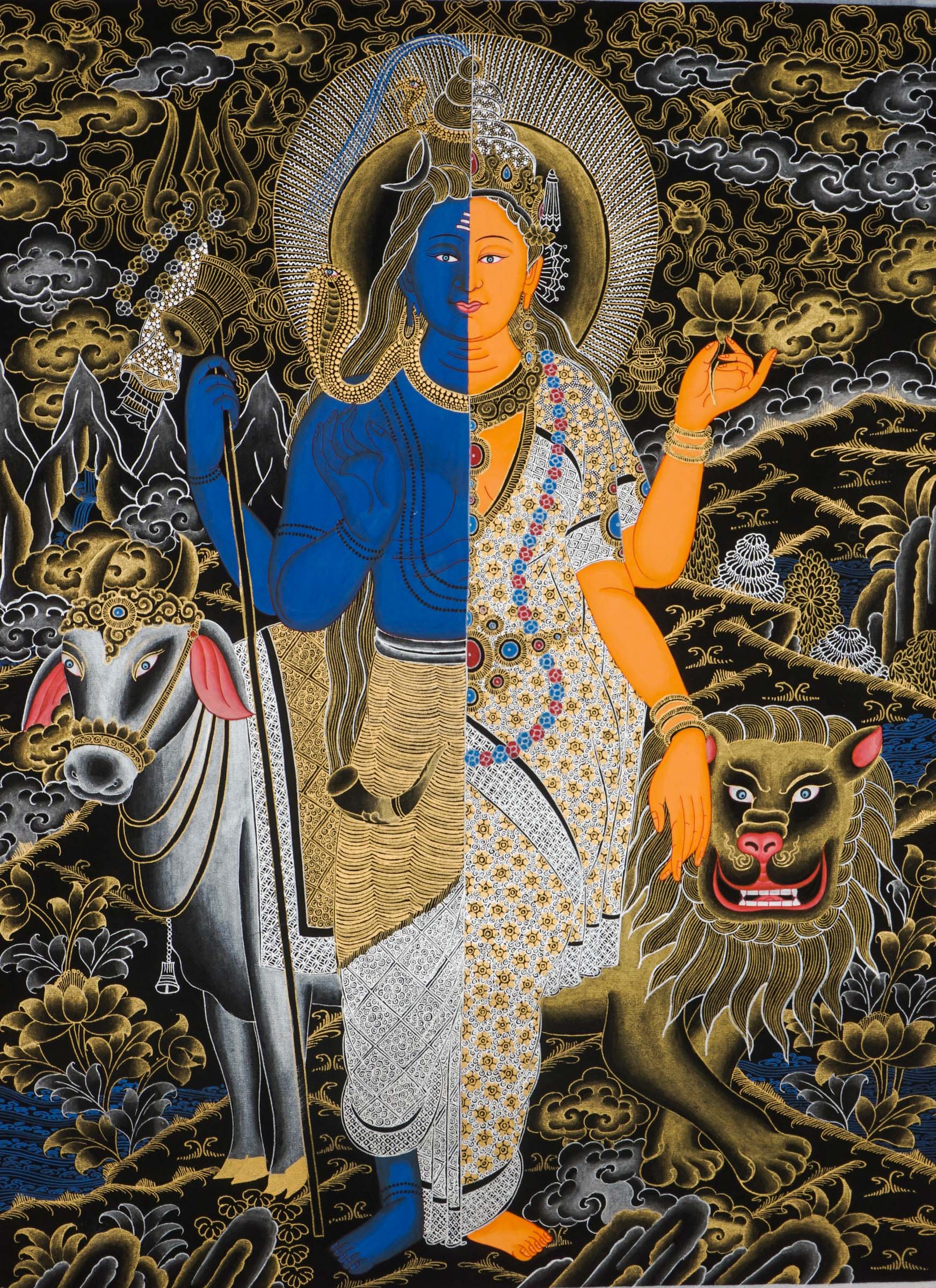 Shiva Shakti Thangka - a single sacred artwork beautifully combined with the divine energies of Shiva and Shakti. 