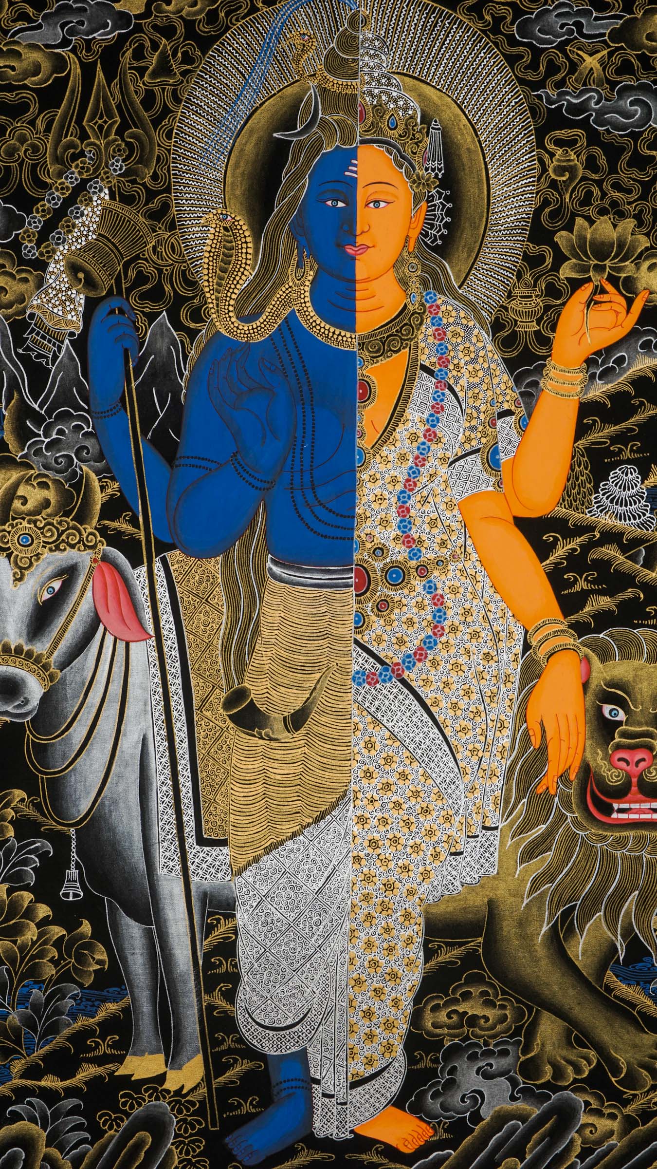 Shiva Shakti Thangka - a single sacred artwork beautifully combined with the divine energies of Shiva and Shakti. 