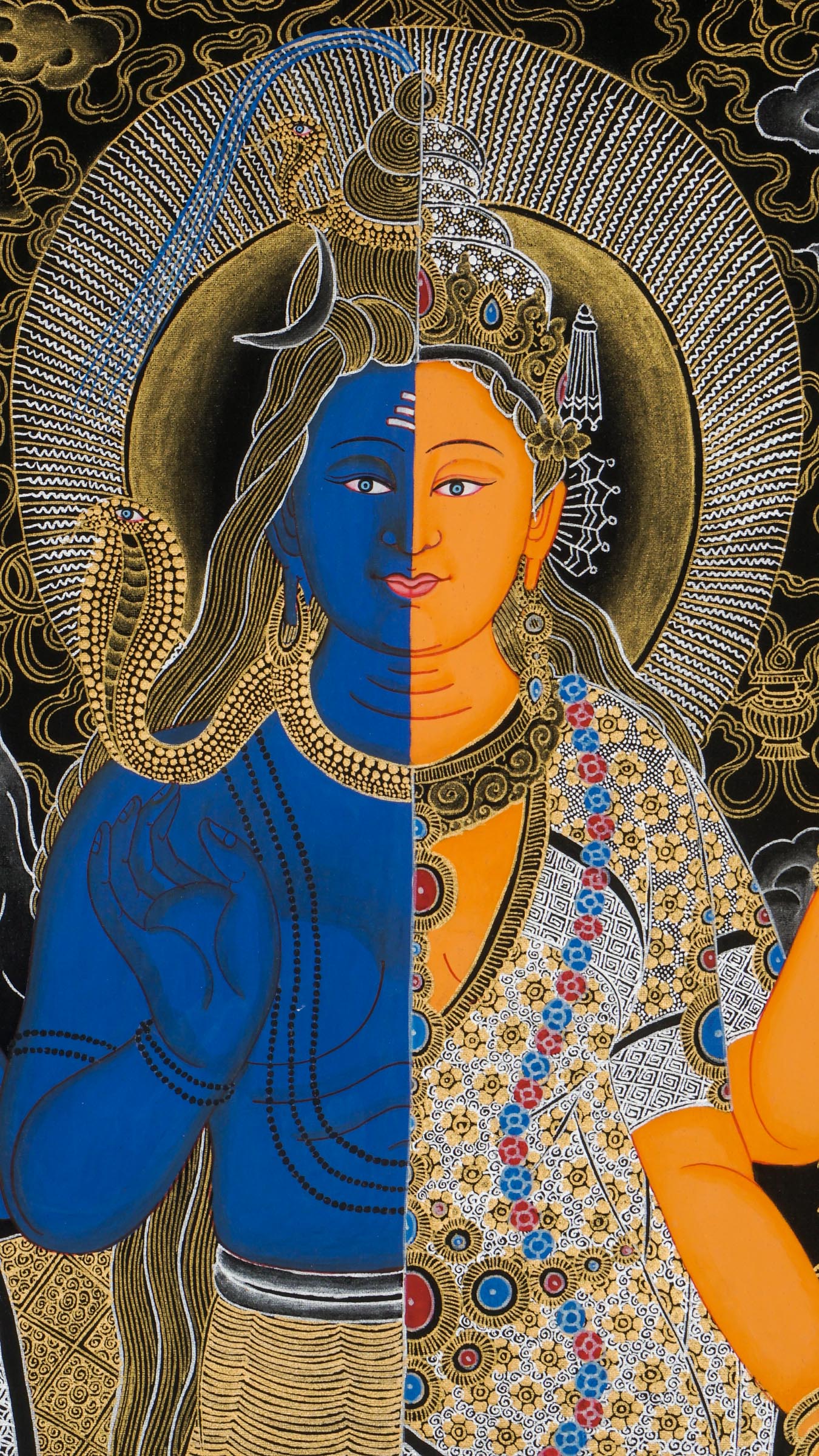 Shiva Shakti Thangka - a single sacred artwork beautifully combined with the divine energies of Shiva and Shakti. 