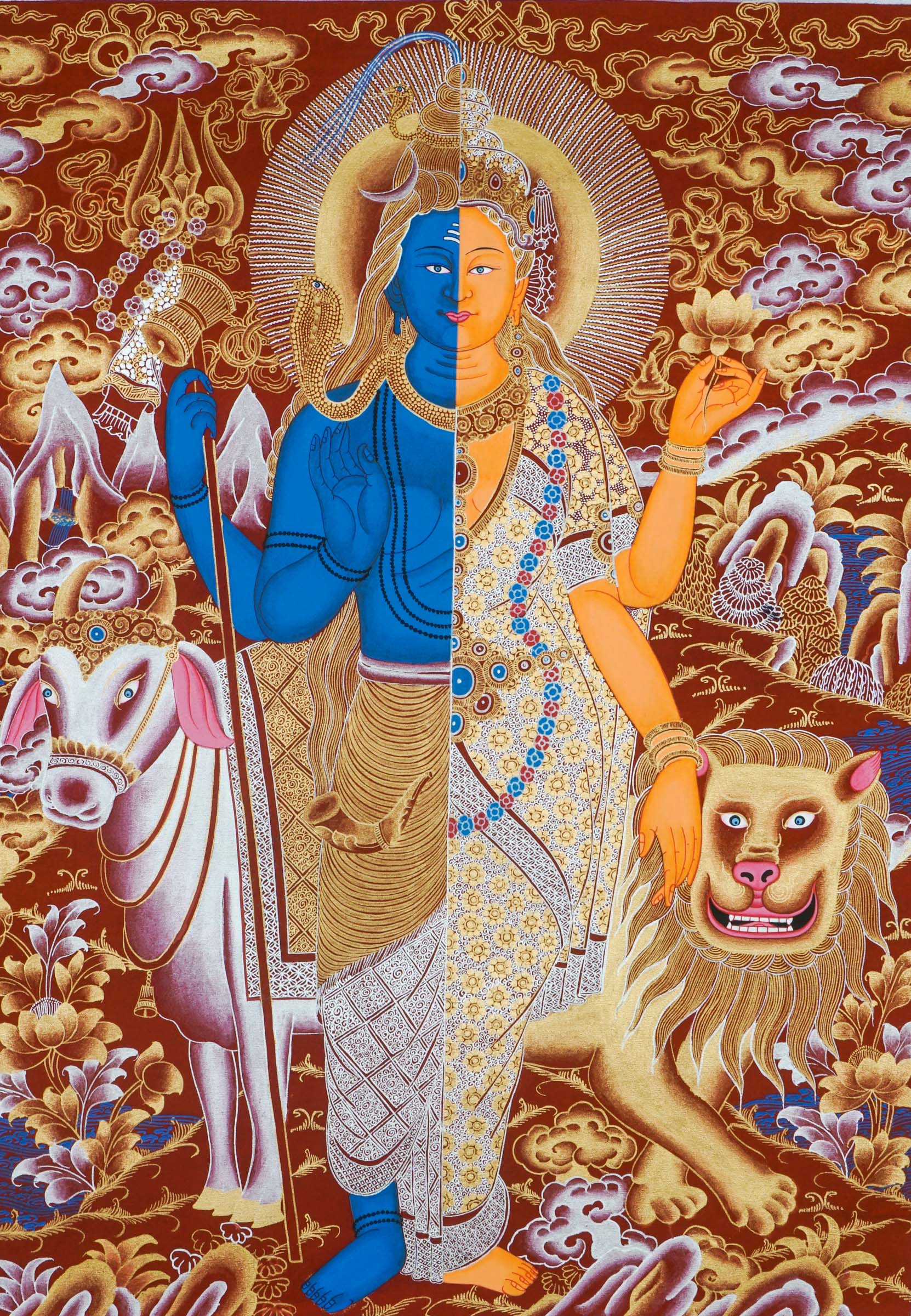 Shiva Shakti Thangka - a beautiful hand-painted art combining the sacred energies of Shiva and Shakti together.