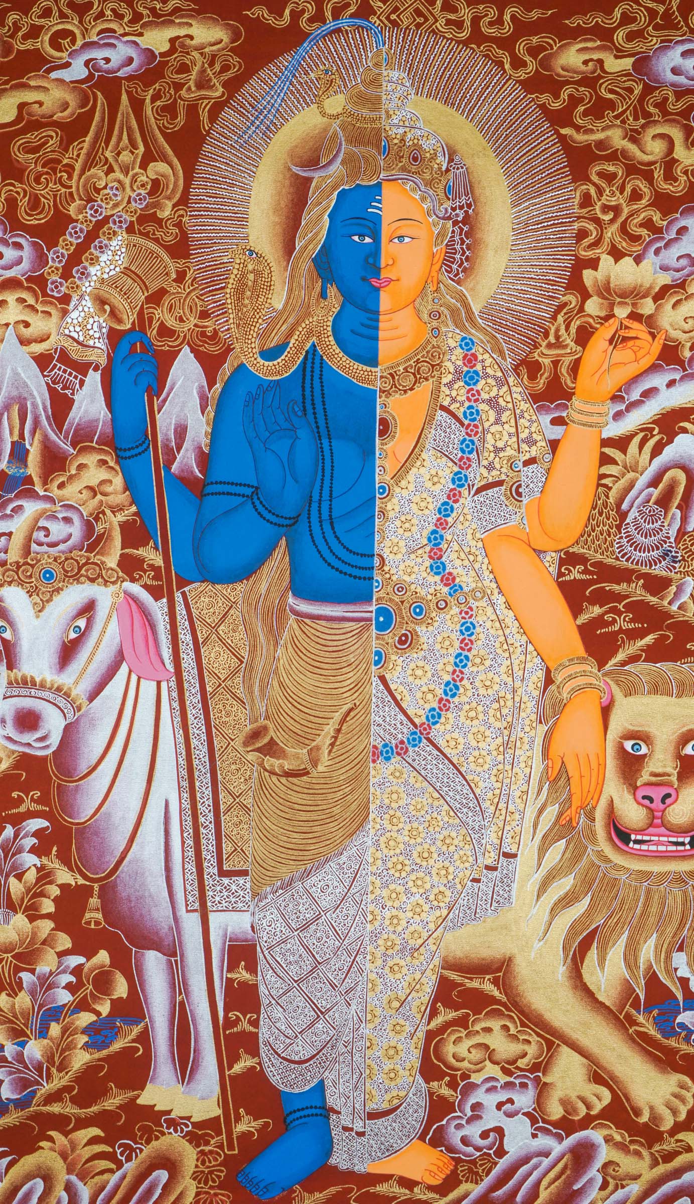 Shiva Shakti Thangka - a beautiful hand-painted art combining the sacred energies of Shiva and Shakti together.