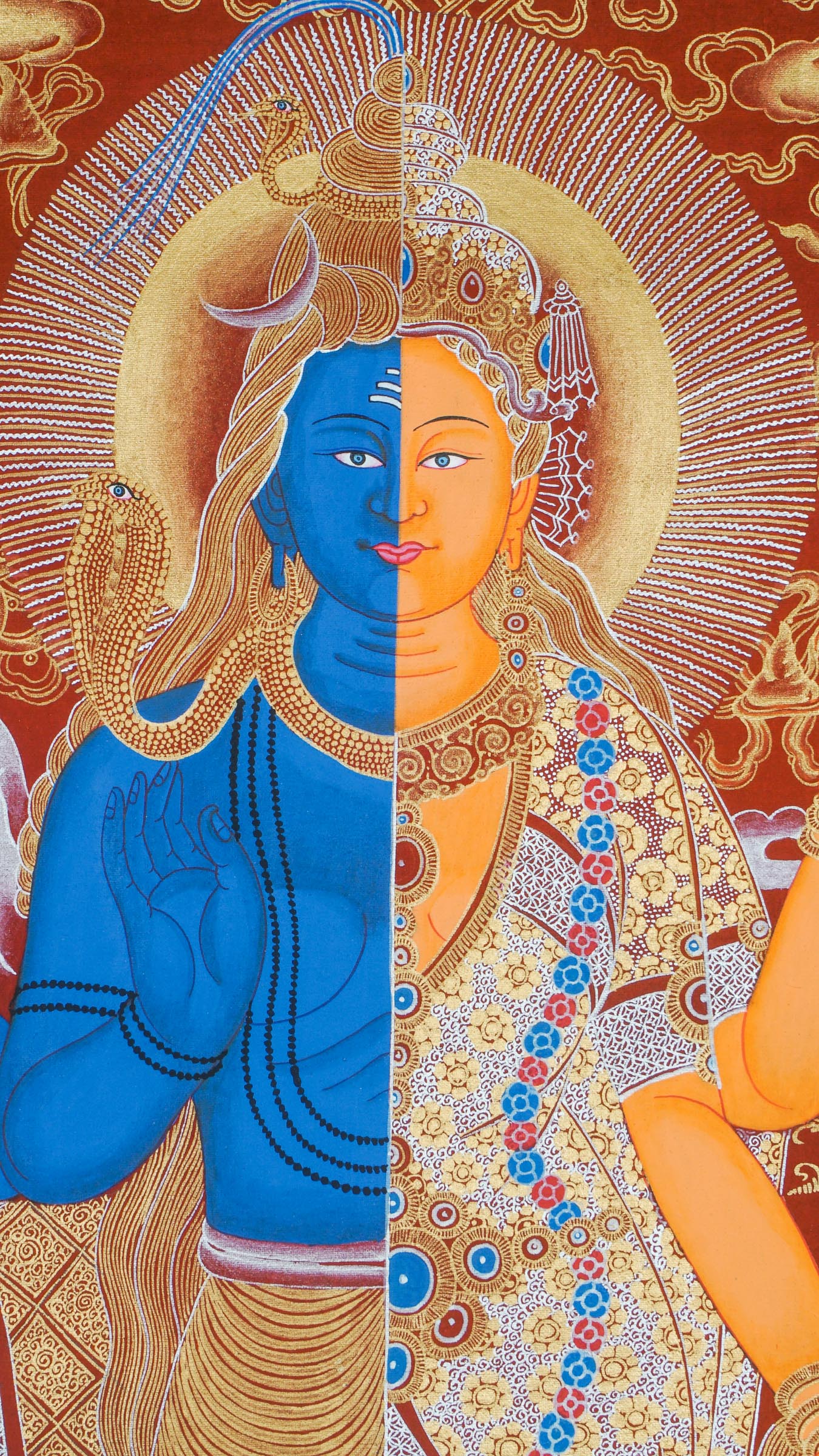 Shiva Shakti Thangka - a beautiful hand-painted art combining the sacred energies of Shiva and Shakti together.