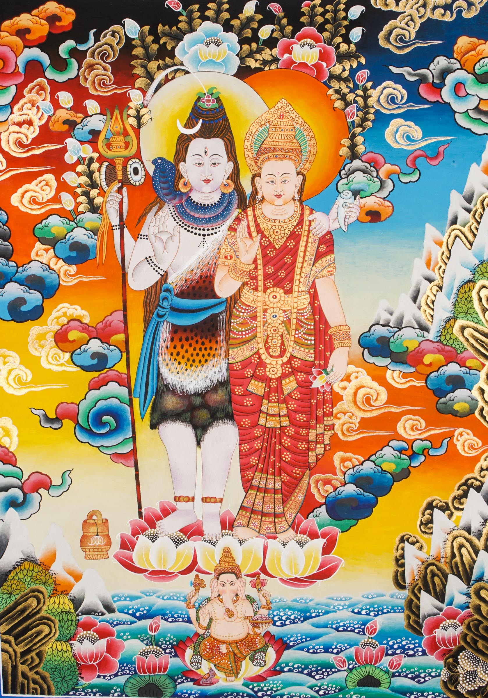 Shiva Shakti Thangka - a delightful thangka beautifully portraying  the divine duo standing side by side on a blossoming lotus.