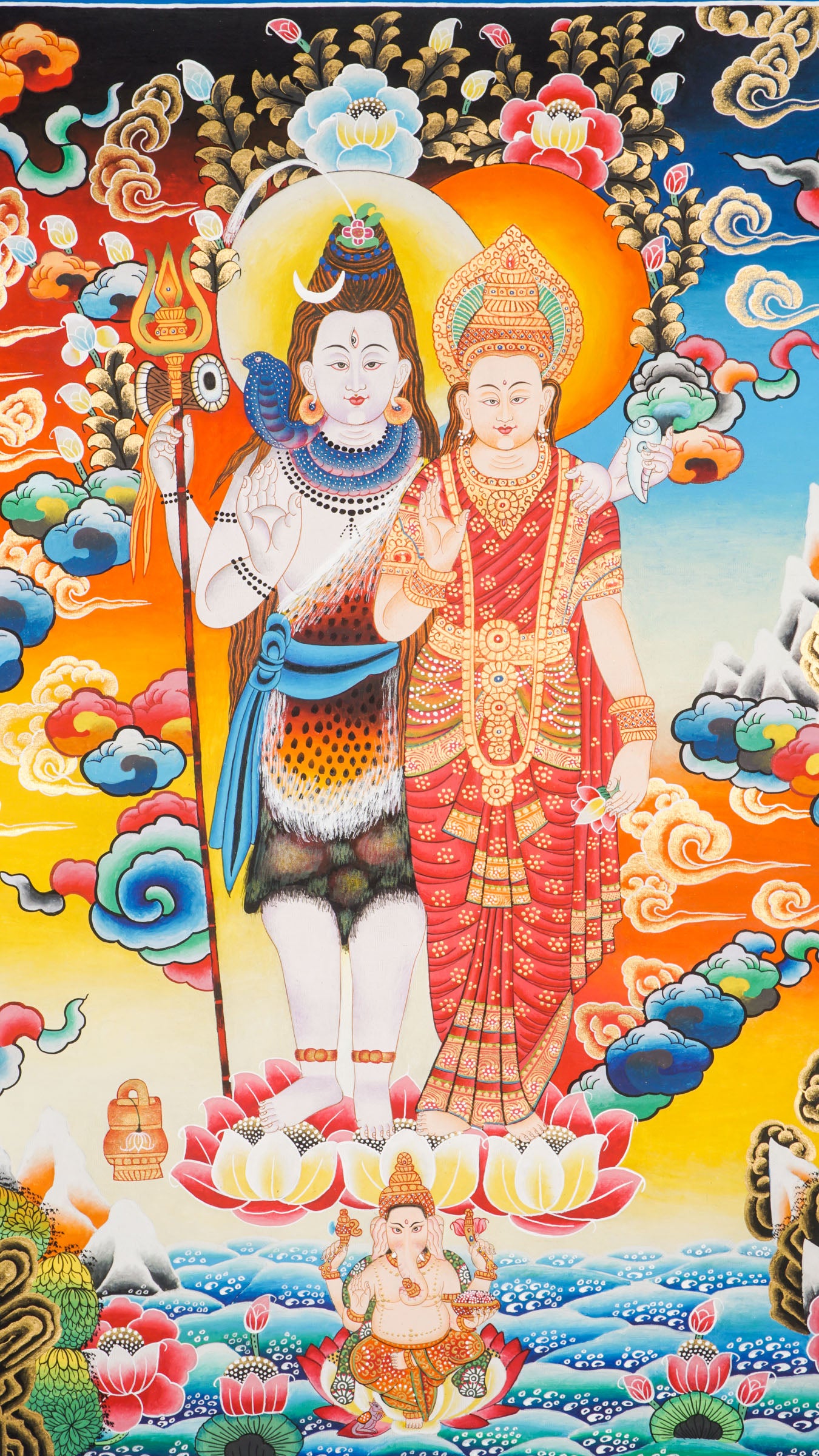 Shiva Shakti Thangka - a delightful thangka beautifully portraying  the divine duo standing side by side on a blossoming lotus.