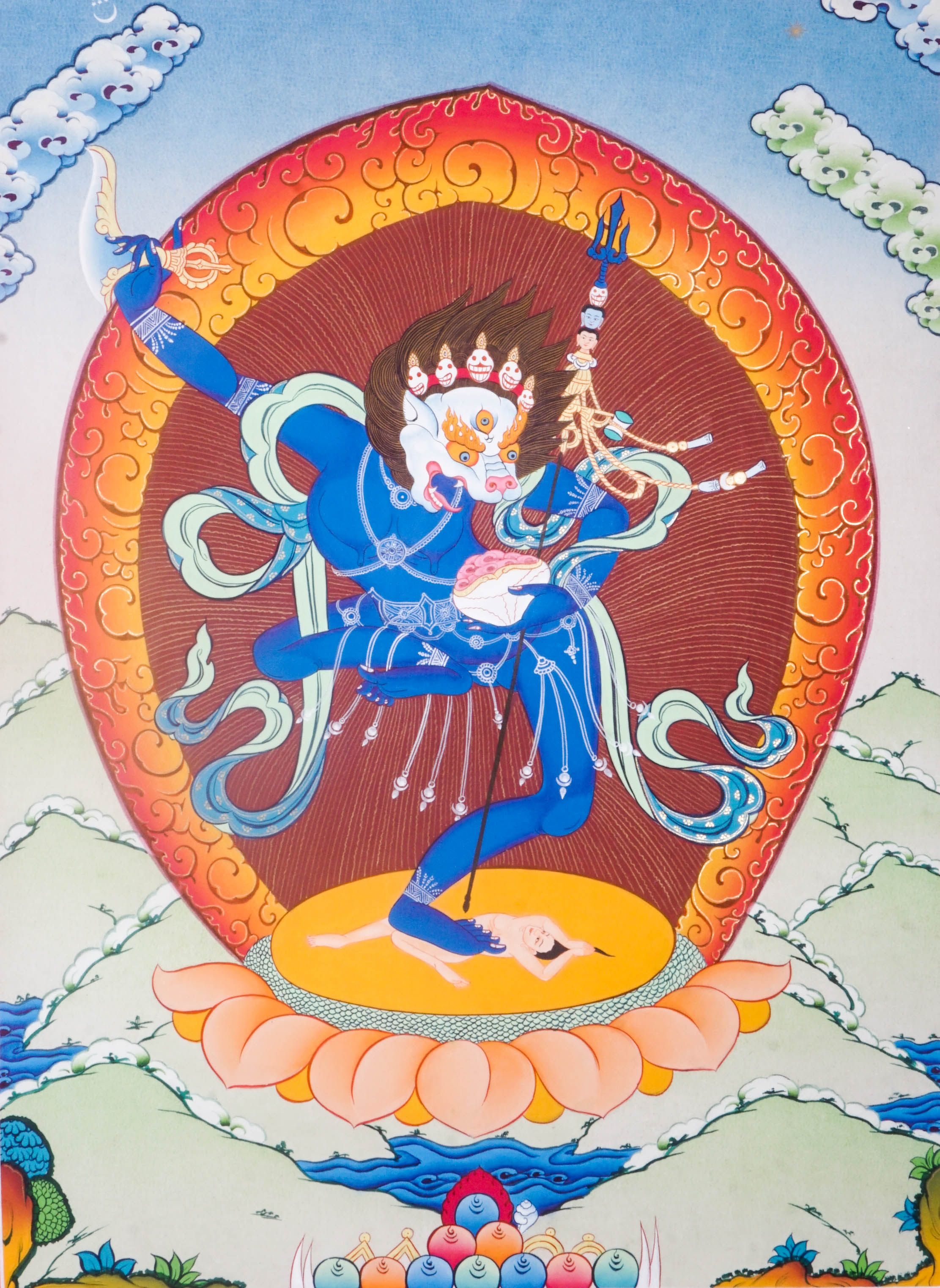 The Simhamukha Thangka shows the fierce Lion-Faced Dakini, a Tibetan Buddhist protector who removes negativity and ignorance. Hand-painted with natural pigments, it brings strength, clarity, and divine protection to any sacred space. 
