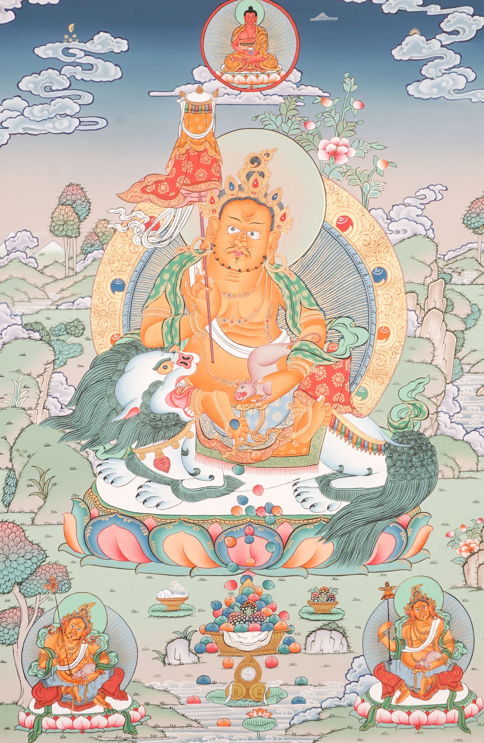 Singh Zambala Thangka - representing  noble figure of Kuber, the guardian of wealth and prosperity in Vajrayana Buddhism. 