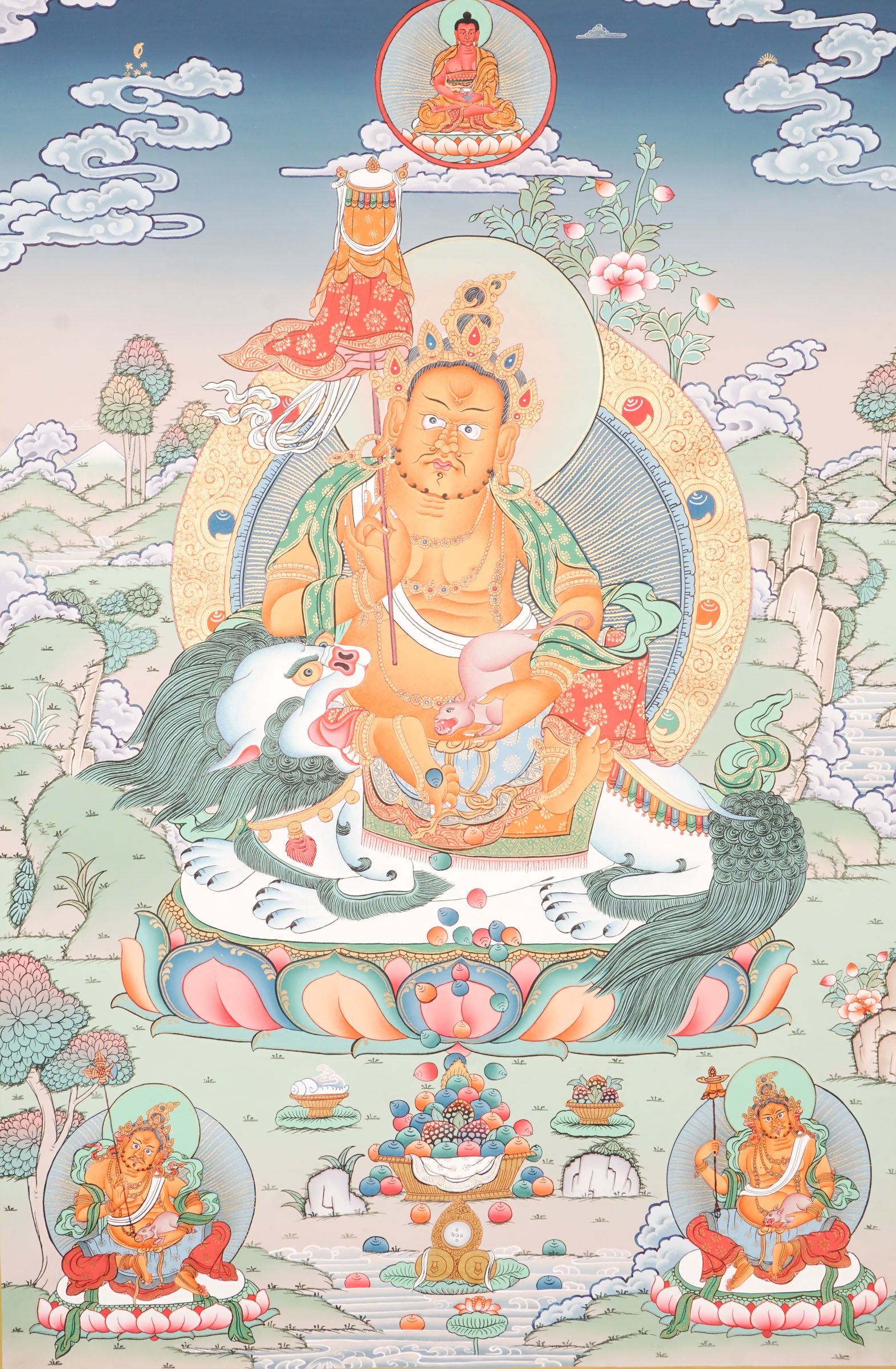 Singh Zambala Thangka - representing  noble figure of Kuber, the guardian of wealth and prosperity in Vajrayana Buddhism. 