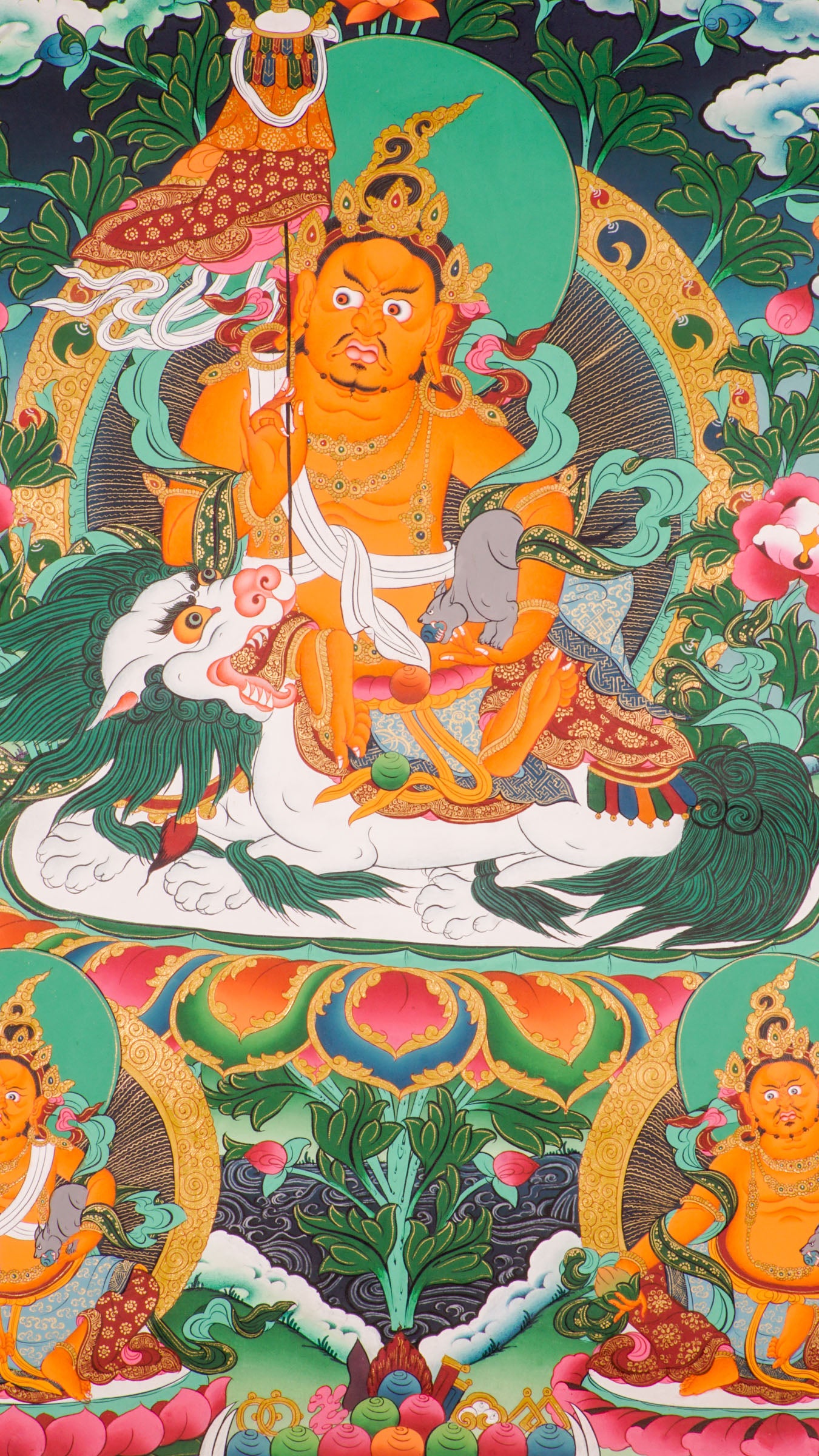 Singh Zambala thangka - singh zambala seated on a lotus throne adorned with vivid flowers, symbolizing purity and spiritual growth