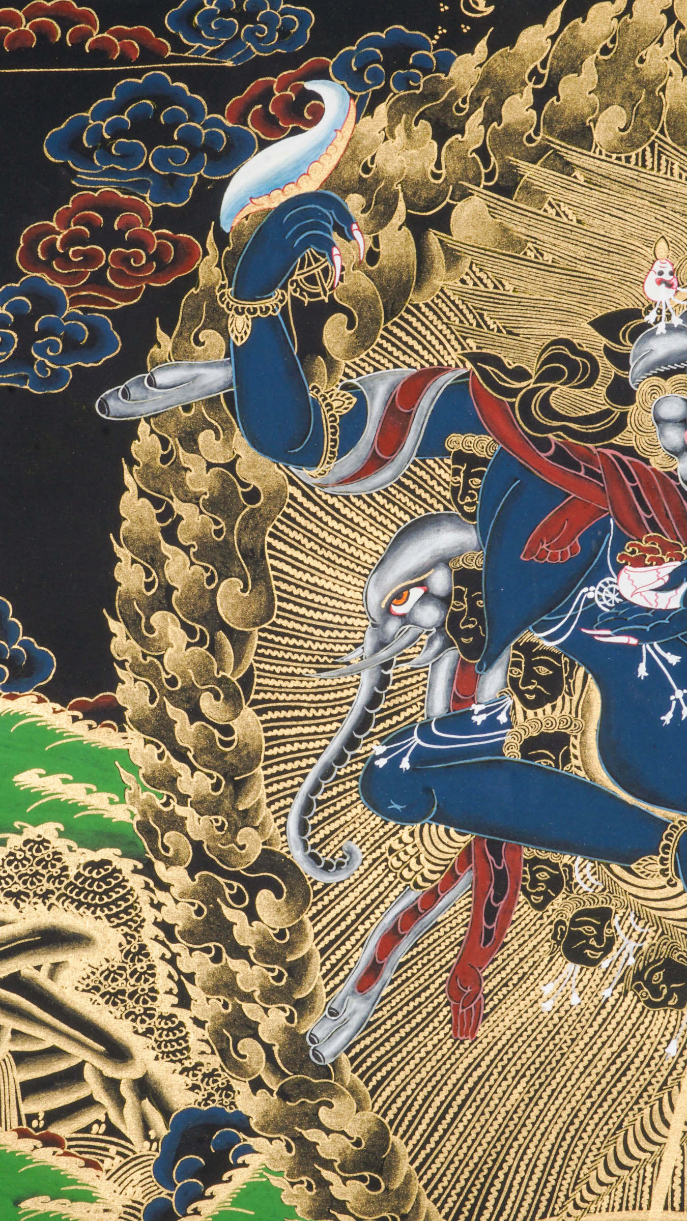 Traditional Tibetan thangka painting depicting Singh Mukhi, the lion-faced protector dakini, shown in a dynamic dancing pose on a lotus base, surrounded by radiant gold flames and intricate symbolic patterns on a dark background.