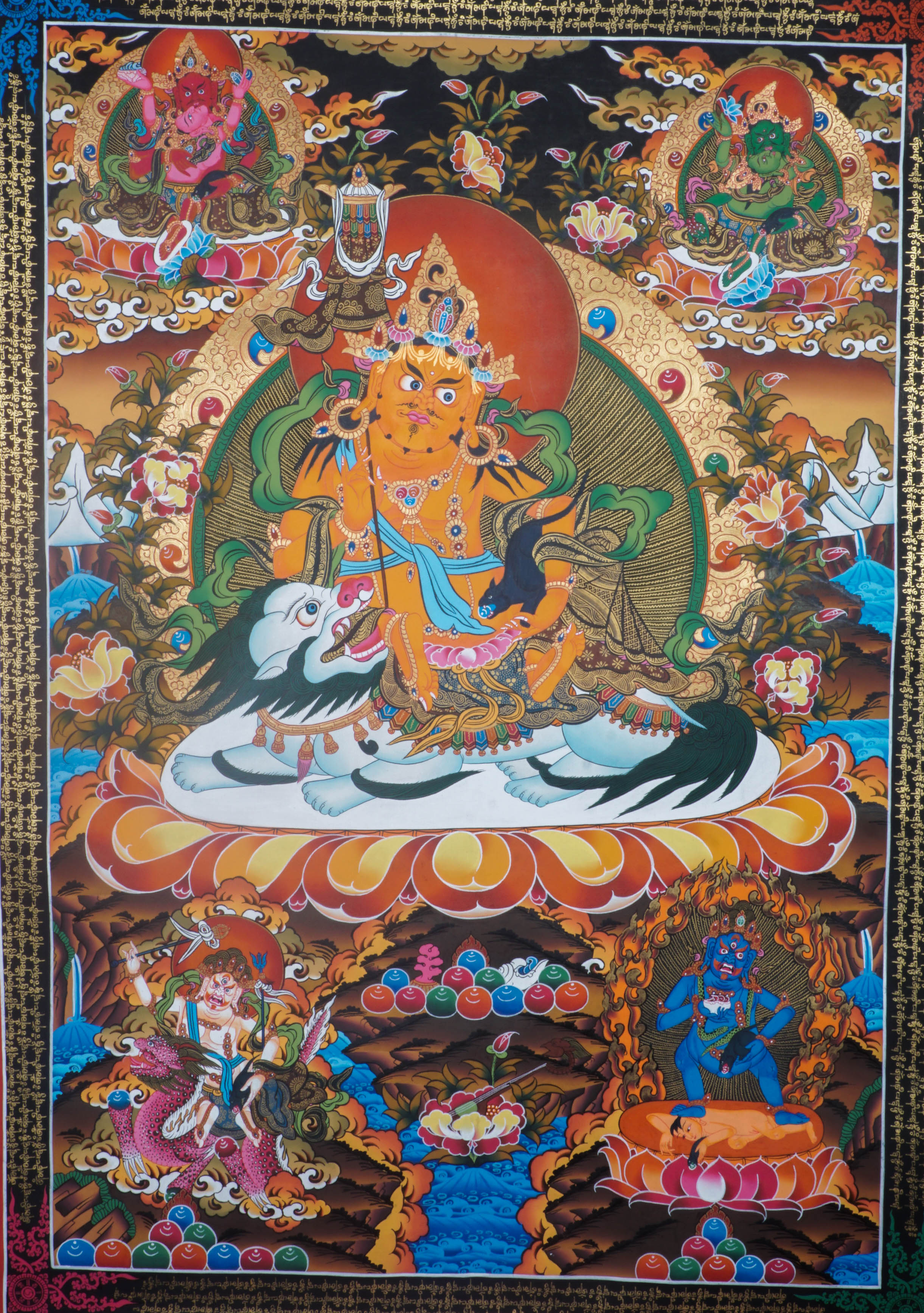 Singha Zambala is a fierce wealth deity in Tibetan Buddhism, known for granting prosperity and removing financial obstacles. His hand-painted Thangka, crafted with natural pigments, symbolizes abundance, protection, and spiritual growth.