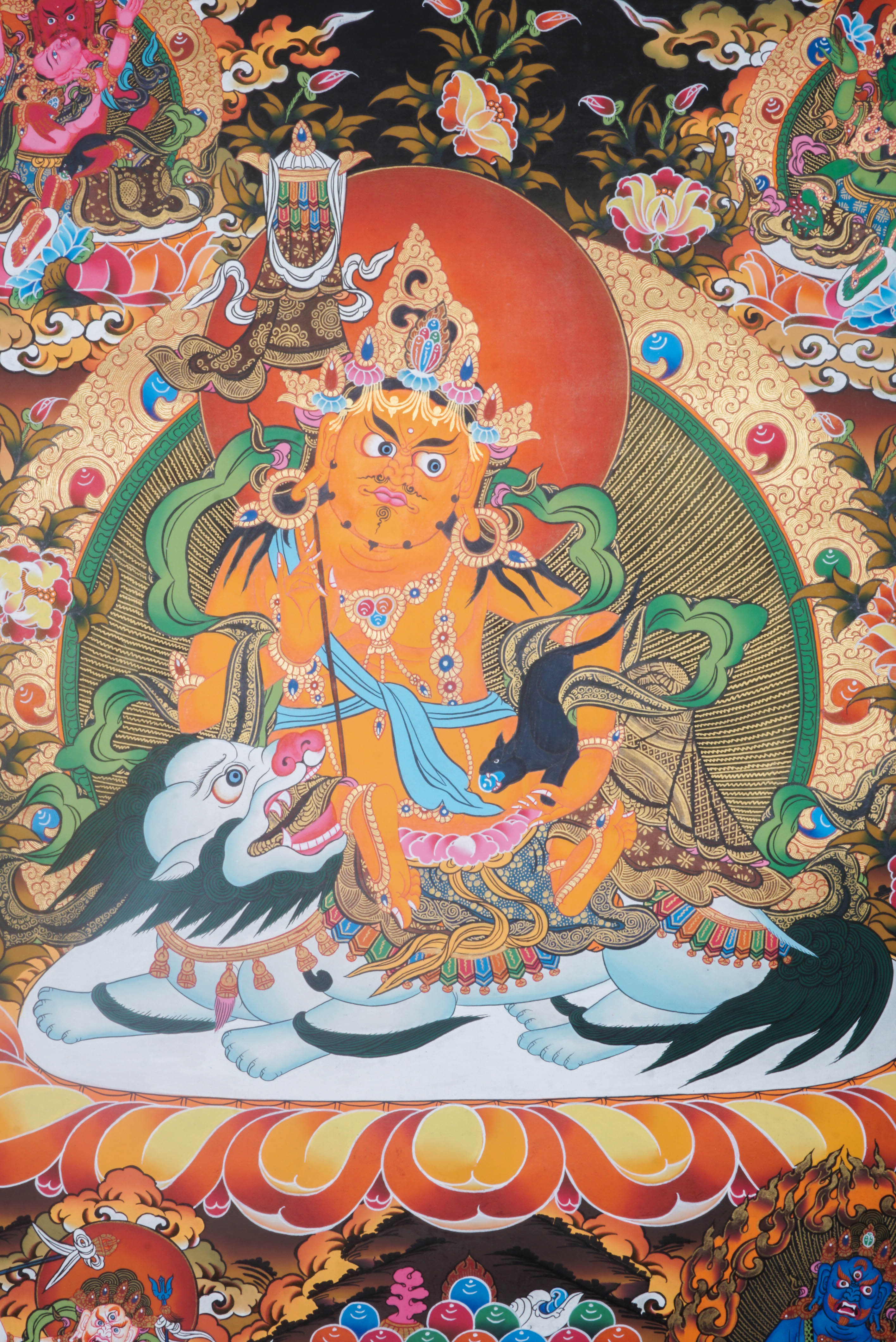 Singha Zambala is a fierce wealth deity in Tibetan Buddhism, known for granting prosperity and removing financial obstacles. His hand-painted Thangka, crafted with natural pigments, symbolizes abundance, protection, and spiritual growth.