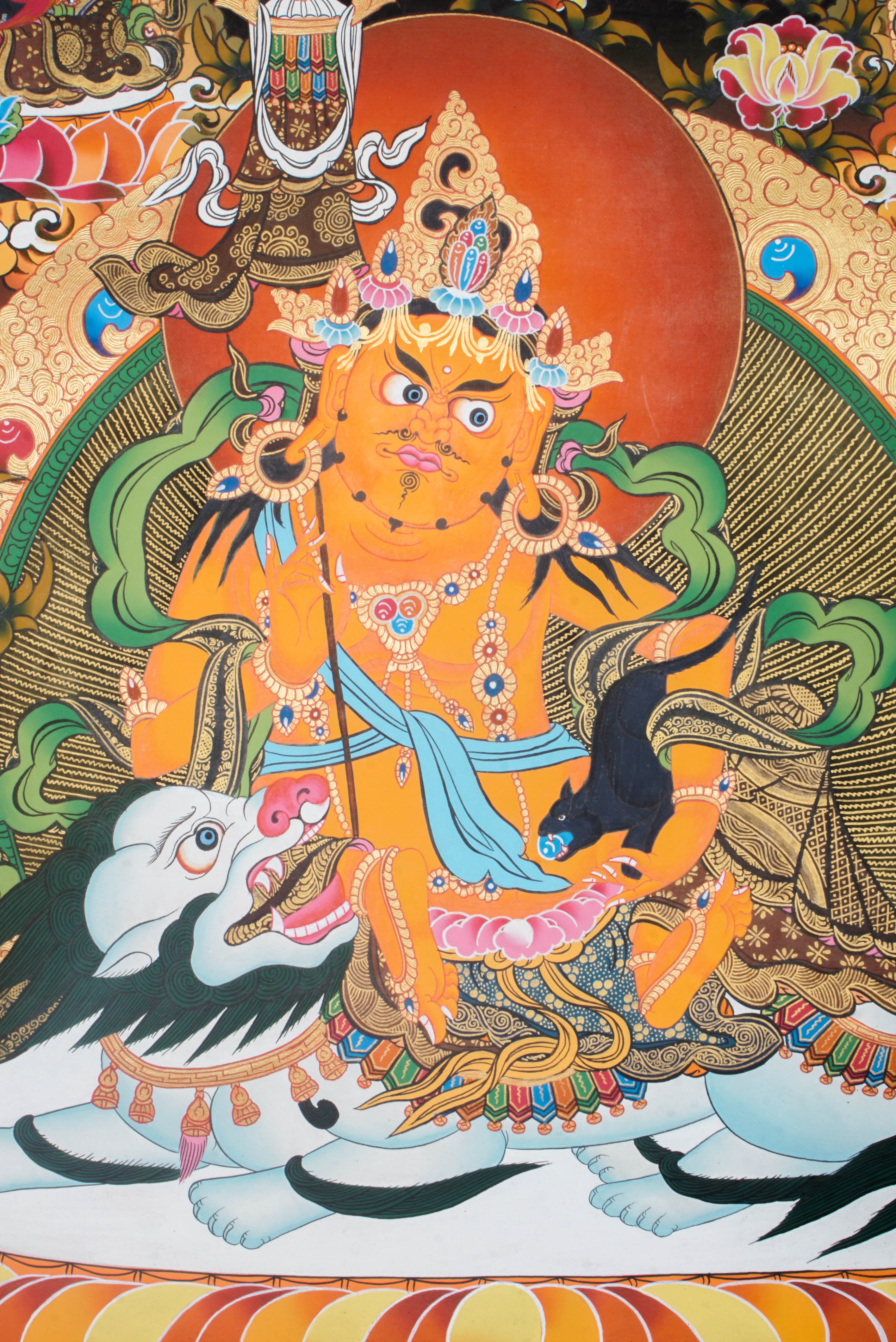 Singha Zambala is a fierce wealth deity in Tibetan Buddhism, known for granting prosperity and removing financial obstacles. His hand-painted Thangka, crafted with natural pigments, symbolizes abundance, protection, and spiritual growth.