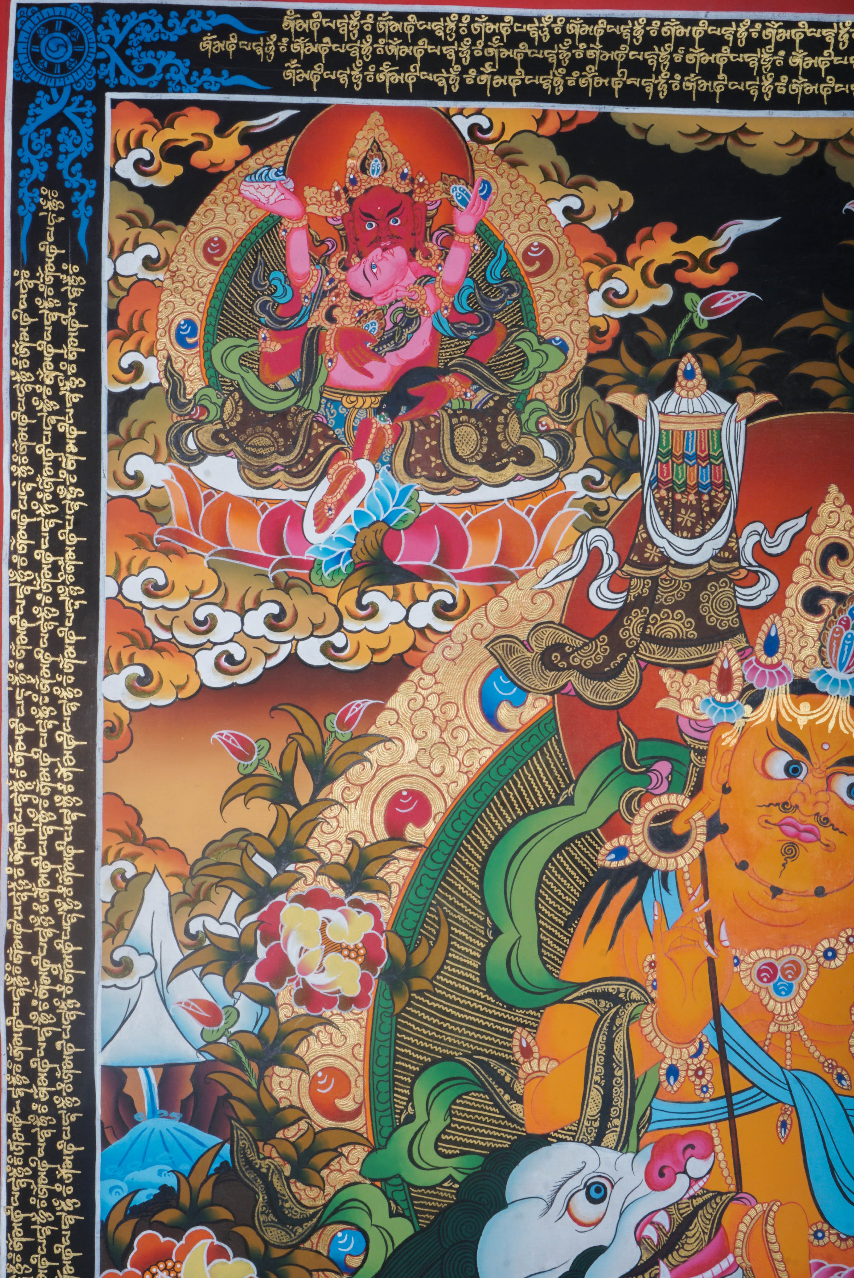 Singha Zambala is a fierce wealth deity in Tibetan Buddhism, known for granting prosperity and removing financial obstacles. His hand-painted Thangka, crafted with natural pigments, symbolizes abundance, protection, and spiritual growth.