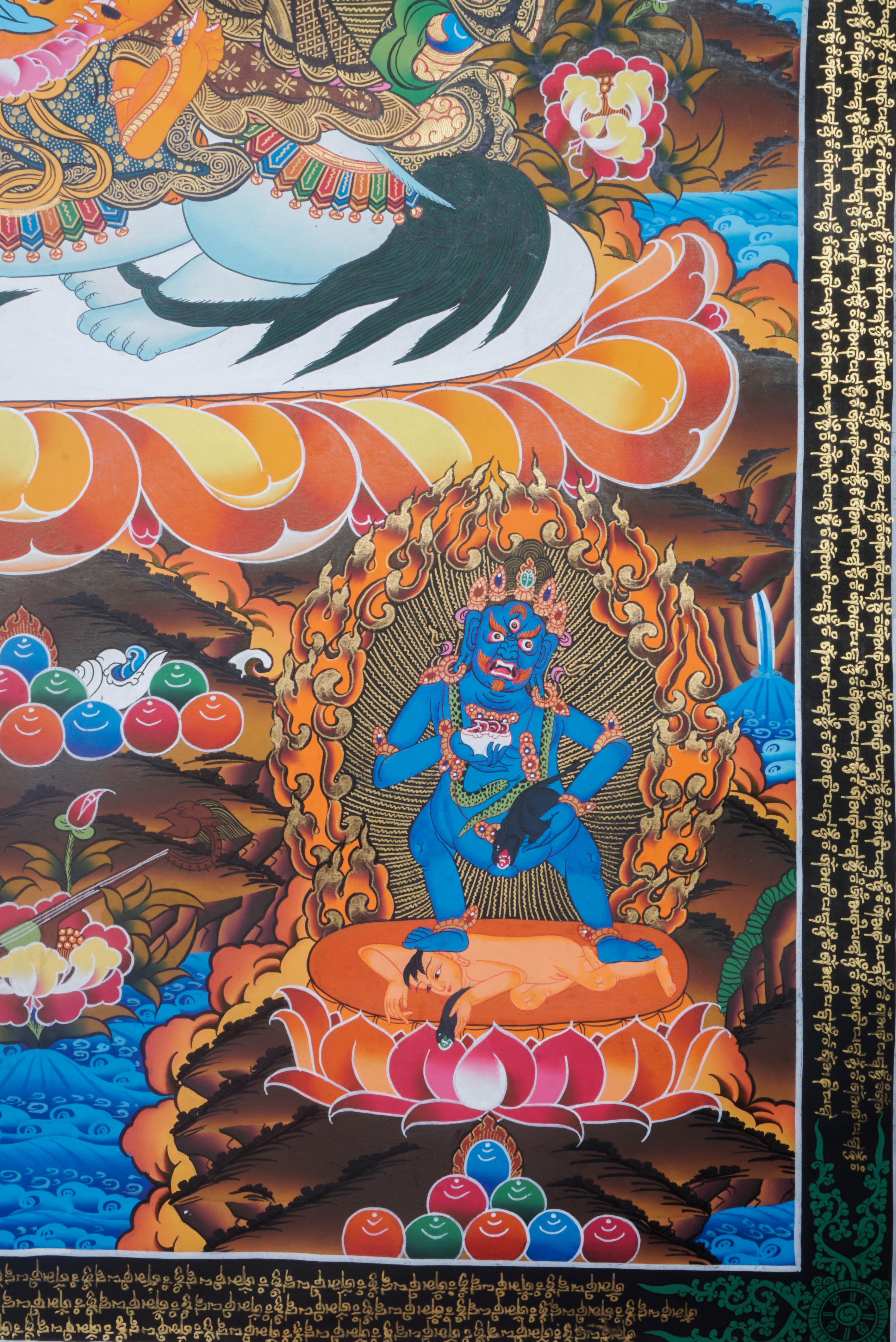 Singha Zambala is a fierce wealth deity in Tibetan Buddhism, known for granting prosperity and removing financial obstacles. His hand-painted Thangka, crafted with natural pigments, symbolizes abundance, protection, and spiritual growth.