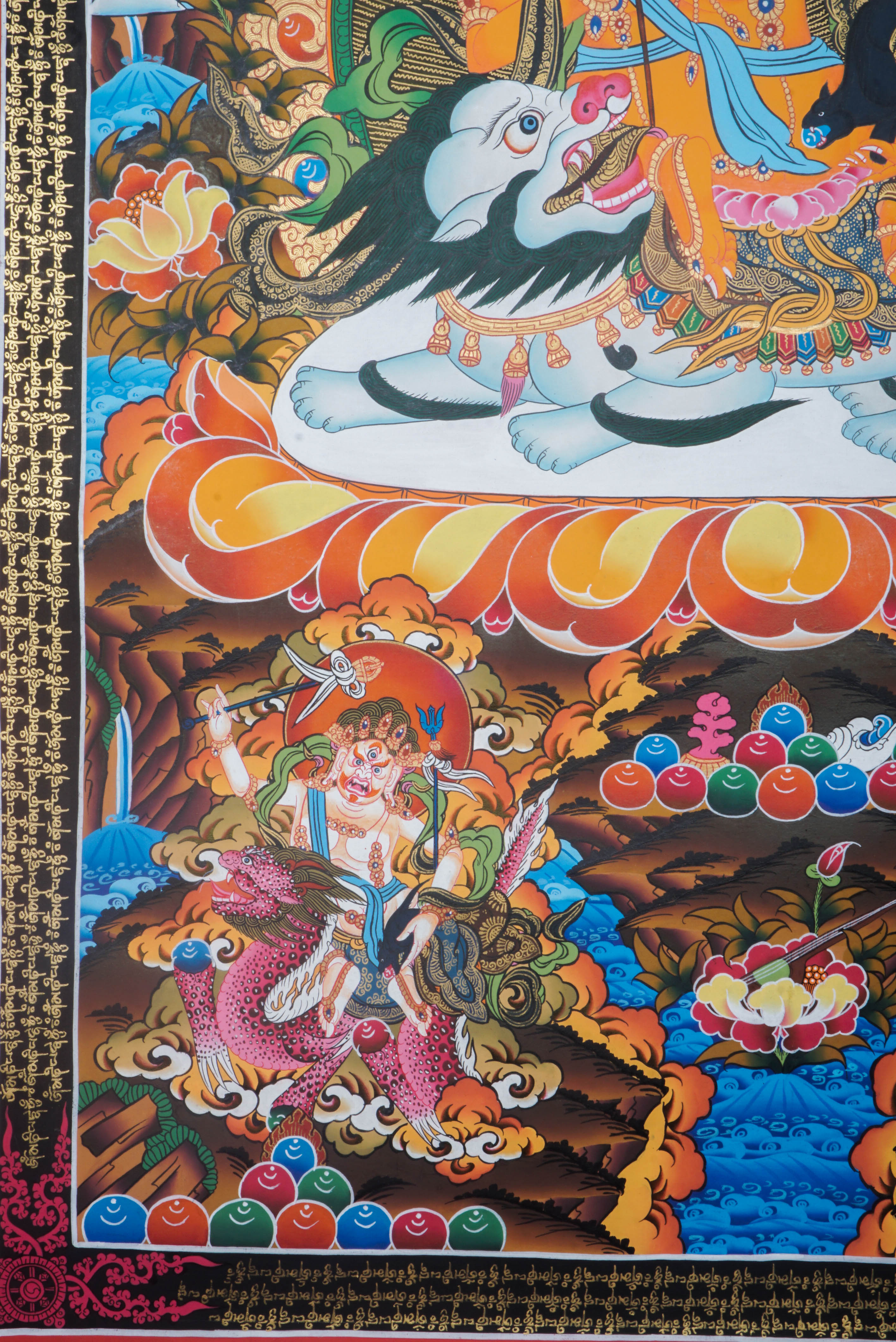 Singha Zambala is a fierce wealth deity in Tibetan Buddhism, known for granting prosperity and removing financial obstacles. His hand-painted Thangka, crafted with natural pigments, symbolizes abundance, protection, and spiritual growth.