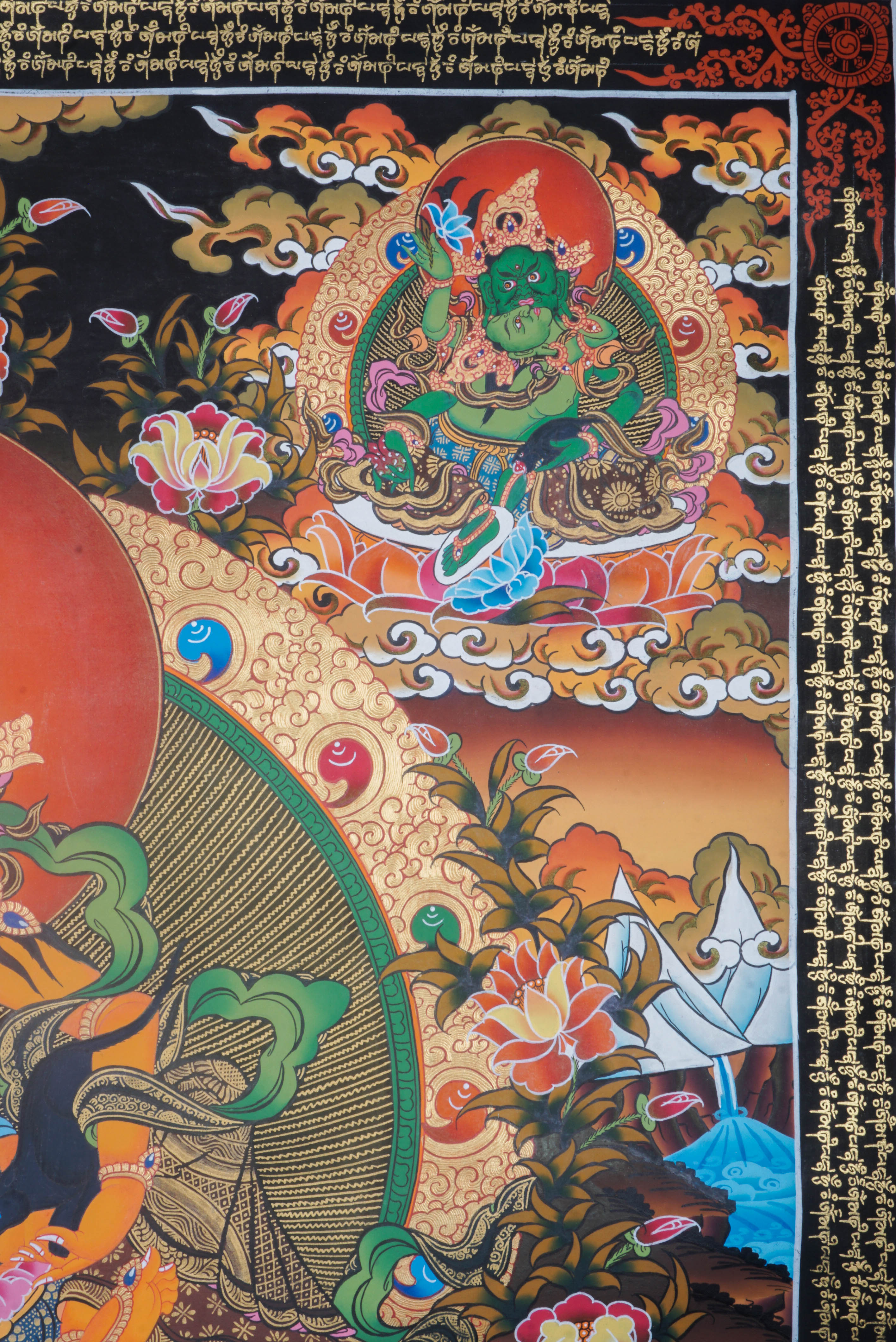 Singha Zambala is a fierce wealth deity in Tibetan Buddhism, known for granting prosperity and removing financial obstacles. His hand-painted Thangka, crafted with natural pigments, symbolizes abundance, protection, and spiritual growth.