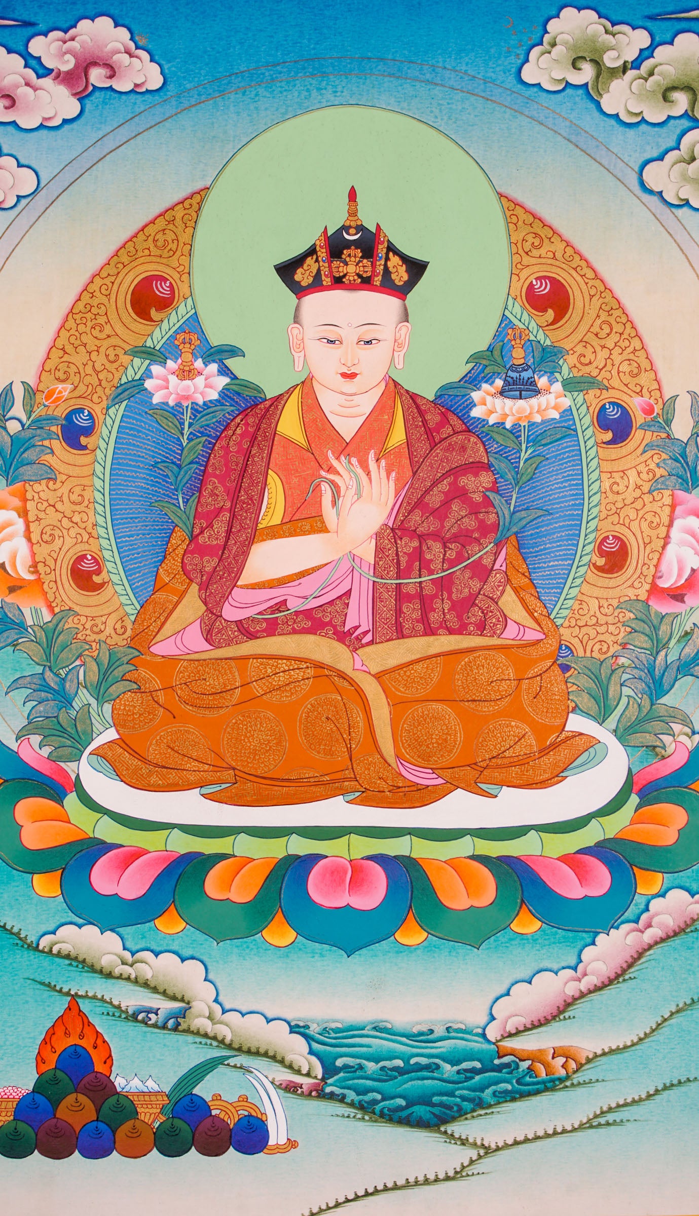 Traditional Tibetan thangka painting depicting the Karmapa Lama seated in meditation on a lotus throne, shown with a serene expression, monastic robes, a radiant halo, and surrounded by clouds, flowers, and a peaceful landscape.
