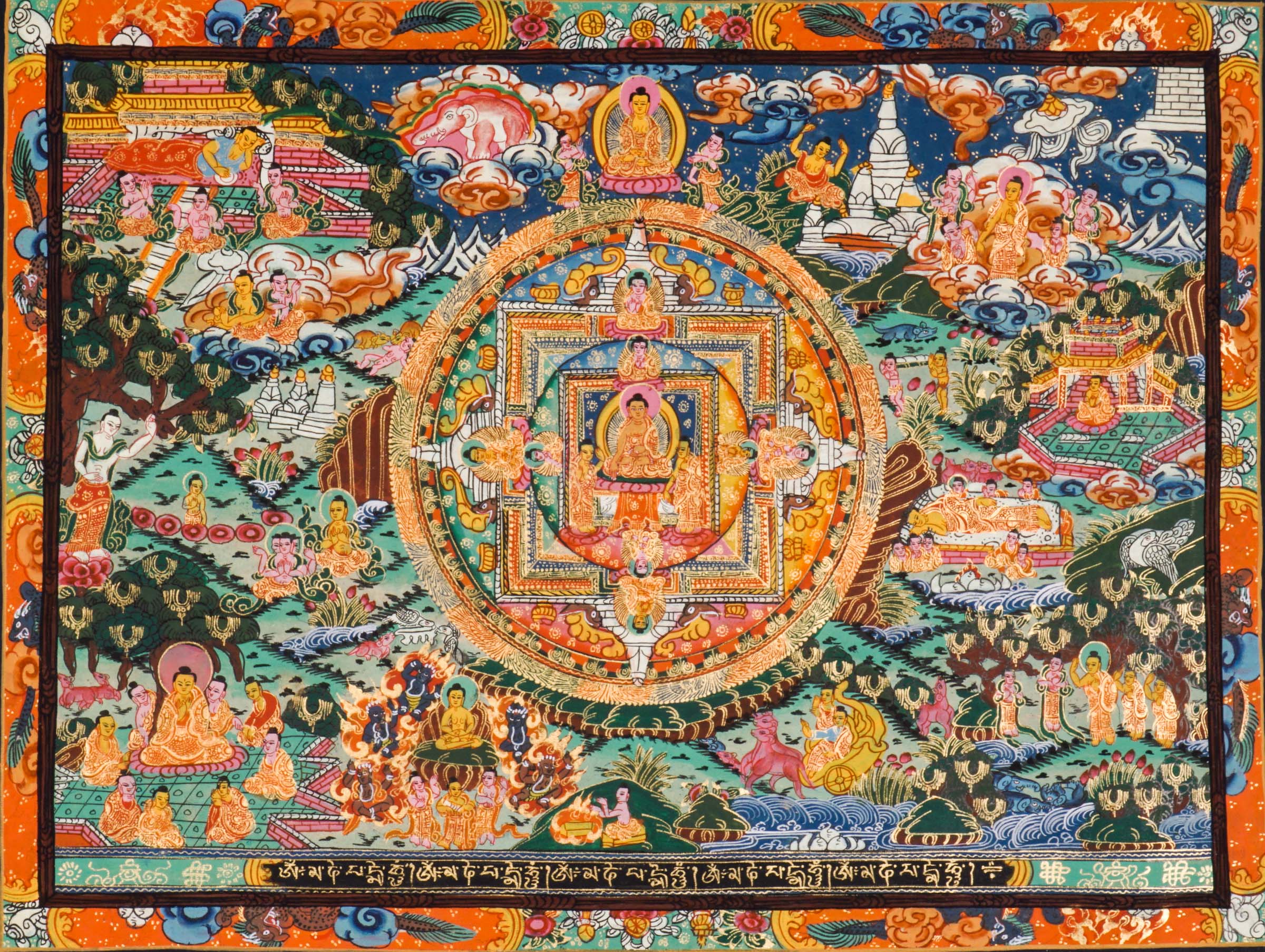 Tibetan Thangka painting showing Buddha's life journey - birth, enlightenment, and teachings. Created with mineral pigments on cotton using traditional Buddhist art methods. 
