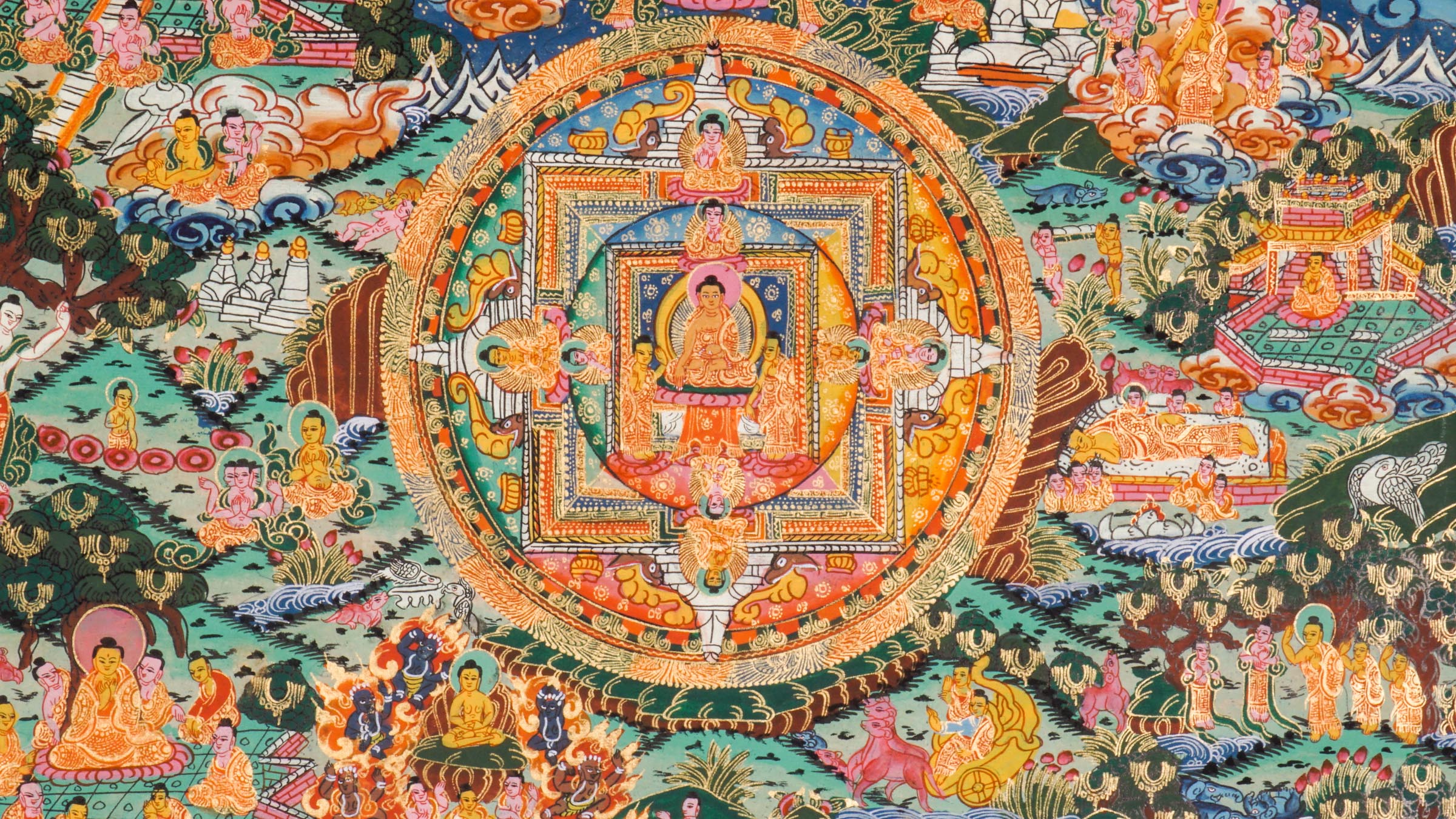 Tibetan Thangka painting showing Buddha's life journey - birth, enlightenment, and teachings. Created with mineral pigments on cotton using traditional Buddhist art methods. 
