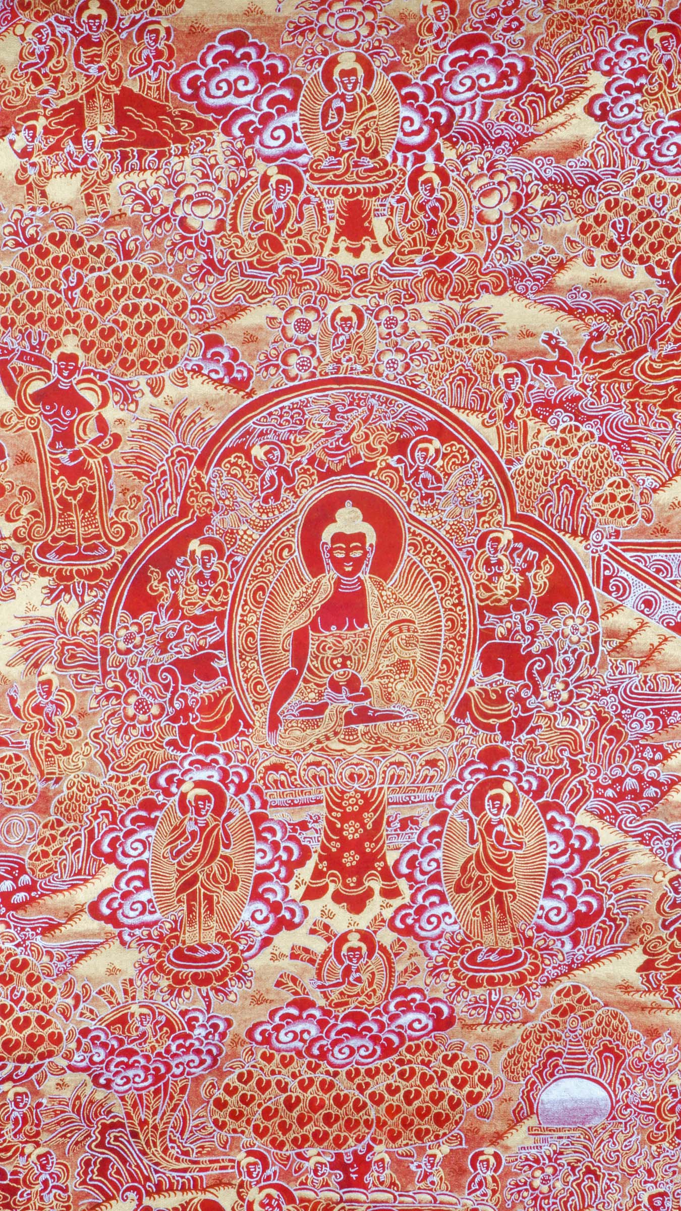 The Story of Buddha Life Thangka on Red and Gold illustrates key events from Buddha’s path to enlightenment, hand-painted with natural pigments in vibrant red and gold tones. This traditional Tibetan Buddhist thangka supports mindfulness, meditation, and a deeper connection to the teachings of Buddha.
