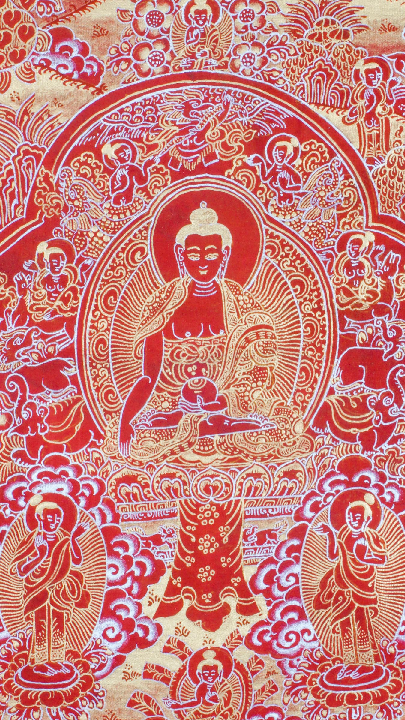 The Story of Buddha Life Thangka on Red and Gold illustrates key events from Buddha’s path to enlightenment, hand-painted with natural pigments in vibrant red and gold tones. This traditional Tibetan Buddhist thangka supports mindfulness, meditation, and a deeper connection to the teachings of Buddha.