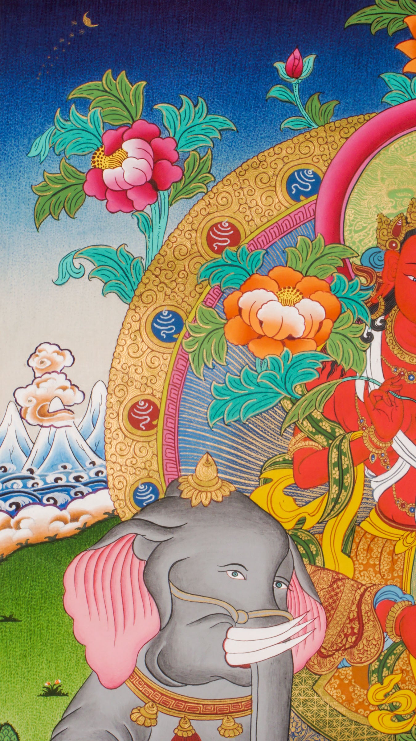 Hand-painted Fusen Fusa thangka showing Bodhisattva seated on elephant with lotus flower, detailed 24k gold ornaments and vibrant Himalayan landscape background.