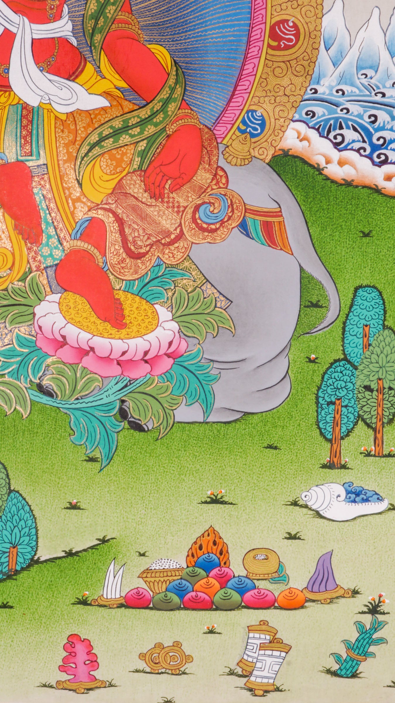 Hand-painted Fusen Fusa thangka showing Bodhisattva seated on elephant with lotus flower, detailed 24k gold ornaments and vibrant Himalayan landscape background.
