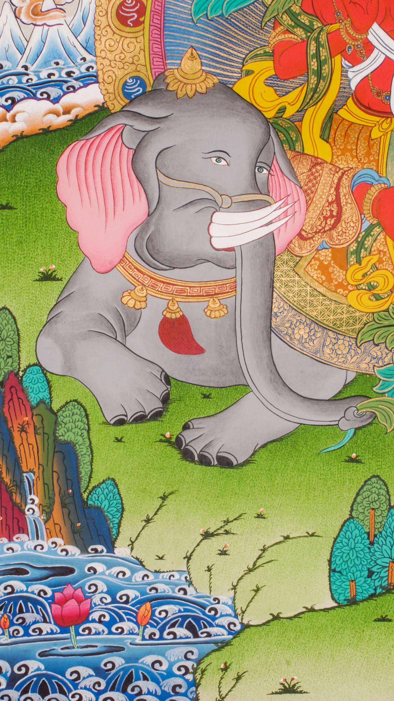 Hand-painted Fusen Fusa thangka showing Bodhisattva seated on elephant with lotus flower, detailed 24k gold ornaments and vibrant Himalayan landscape background.