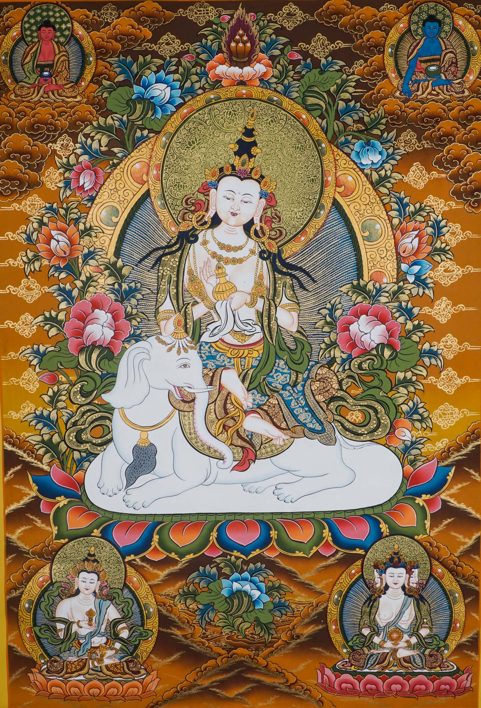 Hand-painted Fusen Fusa Samantabhadra thangka showing Bodhisattva seated on white elephant with lotus throne, 24k gold detailing and surrounding Buddhist deities.